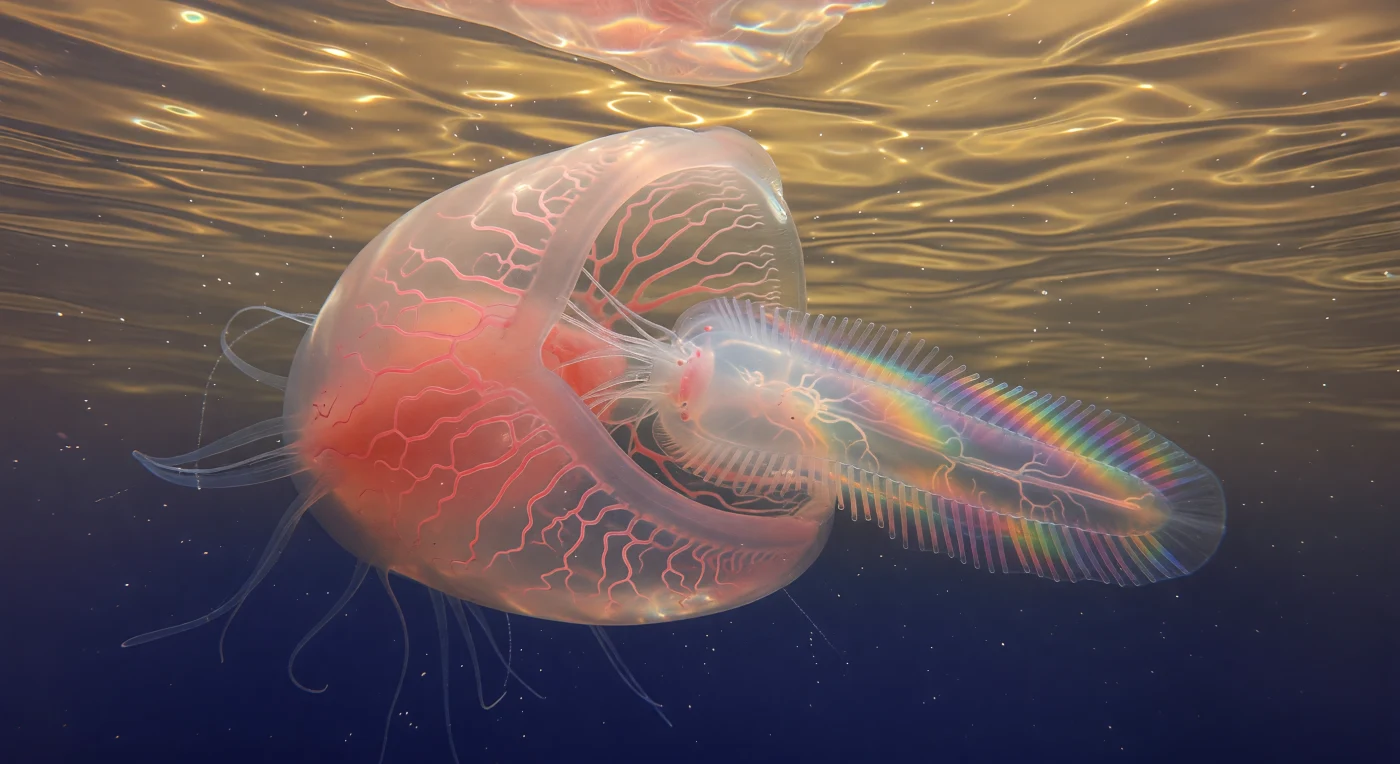 In the warm, glass-clear upper meter of the Gulf Stream, two nearly invisible animals have locked together in a transaction so slow and complete it reads more as merger than predation: a *Beroe cucumis* has stretched its entire macrostome mouth around more than half the body of a *Mnemiopsis leidyi*, and the combined form — perhaps fifteen centimeters from the *Beroe*'s aboral pole to the *Mnemiopsis*'s still-protruding posterior — hangs suspended in a column of luminous cobalt water while late-afternoon caustics sweep golden interference patterns continuously across both translucent bodies. The *Beroe*'s mesoglea, a viscoelastic matrix of collagen and water matched so precisely to the refractive index of the surrounding sea that it reads as tinted air rather than tissue, glows rose-apricot from within, its branching meridional canals mapping a bilateral river delta of digestion in real time, faint pulsations visible through walls only a few cells thick. Where the prey still emerges into open water, its four exposed comb rows continue their metachronal programs at fifteen to thirty beats per second — each ctene plate a fused paddle of ten thousand cilia sweeping structural color from violet through amber to green in rolling cascade, an involuntary rainbow that has not yet received the signal of its own ending. One by one, beginning at the oral end already dissolving inside the predator's pink interior glow, the iridescent flickers lose their rhythm, the last posterior plates still cycling their light into the darkening blue column below as the two gelatinous architectures, almost indistinguishable from the water that composes them, complete their slow exchange.