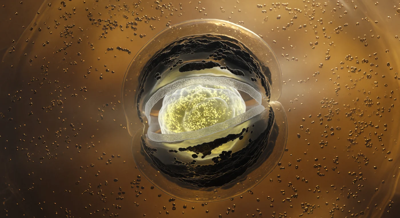 You are standing inside a living cell that is consuming itself to build an ark — the amber-gold cytoplasm surrounding you is so densely crowded with ribosomes and drifting protein granules that the medium itself feels more like warm gel than aqueous solution, every particle suspended in a low-Reynolds-number world where inertia means nothing and molecular friction governs all motion. At the center of this viscous cavern, the forespore hangs like a luminous moon: an ovoid compartment lit from within by the cold mineral glow of calcium-dipicolinic acid deposits and hyper-condensed DNA wrapped tight by small acid-soluble proteins, its interior reaching densities no normal cell ever achieves, the accumulated mass of a dormancy strategy refined across billions of years. Encircling that inner light, a pale gray peptidoglycan cortex scatters the glow diffusely outward like frosted glass, while beyond it, concentric sheets of SpoIVA and CotC coat proteins polymerize into dark, matte-black arcs that absorb light rather than reflect it — the structural armor of a spore that will outlast drought, radiation, and geological time. Most arresting is the engulfing membrane itself, two glistening lipid bilayers curving inward from the mother cell's own inner membrane in a tight phagocytic embrace, bent to their geometric limit around the forespore's equator, the periplasmic gap between them barely visible as a sliver of dark contrast against the warm amber glow — a molecular zipper closing, irreversibly, around a future.