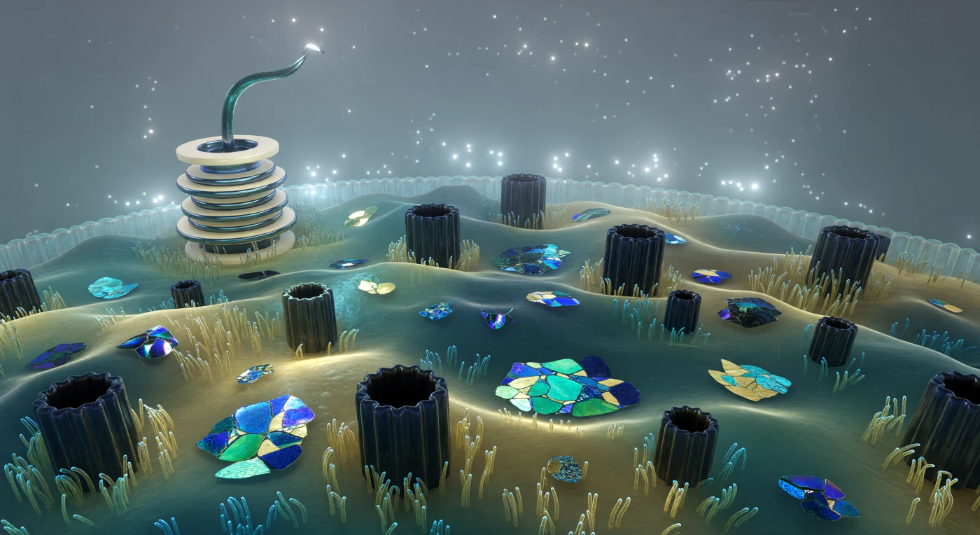 You hover over a living landscape that defies easy comprehension — the outer membrane of an *E. coli* cell, its lipopolysaccharide surface rolling in slow thermal waves driven by the constant agitation of molecular-scale energy, a bilayer so chemically asymmetric that its outer leaflet is armored with Lipid A and long polysaccharide chains rather than the phospholipids that line its inner face. Every twenty nanometers or so, OmpF and OmpC porin trimers pierce the membrane as rigid beta-barrel cylinders, their hollow interiors forming aqueous channels just wide enough to admit small solutes while excluding larger molecules, and their protein surfaces darkly iridescent where cold ambient light catches the geometric fluting of their rims. At this scale, Brownian motion is not a background abstraction but a felt reality — the entire plain shudders with thermal fluctuations that, at larger scales, would average to stillness, and the dense ionic atmosphere pressing against the membrane surface represents the Debye screening layer, a diffuse electrostatic haze a few nanometers thick where counterions crowd against the membrane's net negative charge. On the far horizon, the flagellar basal body rises as a multi-ringed protein machine spanning the full thickness of the cell envelope, its L-ring anchored in the outer membrane, its MS-ring embedded in the inner membrane far below, and its hook already curving upward into the viscous aqueous medium — the coupling interface for a rotary motor that, when running, spins at hundreds of revolutions per second and drives the cell through a fluid that, at this scale, behaves more like cold syrup than open water.