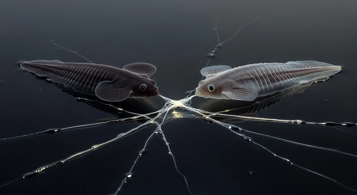 You are suspended millimeters above an obsidian plain — the wet-glass substrate stretches in every direction like a frozen black lake, its shallow water film refracting overhead light into trembling caustic streaks — and directly before you, two living landmasses of *Dugesia dorotocephala* are in the final seconds of tearing themselves apart. The anterior body has moved forward, its chromatophore-dense dorsal surface rippling with slow muscular contraction waves, its flared auricles and crescent-moon ocelli facing away from the drama, while the posterior body anchors itself to the glass through locked adhesive glands, its isometric contractions visibly flattening and ridging the tissue in rhythmic resistance. Between them, the gravitational center of this entire world: a tissue thread no thicker than spun glass, translucent white verging on pale gold, backlit by the water film beneath so it glows with apparent luminescence against the surrounding darkness, and within it — if you resolve your gaze — parenchymal cells still connected, longitudinal muscle fibers drawn to their elastic limit, extracellular matrix holding suspension at the threshold of rupture. This is asexual fission in *Platyhelminthes*, a reproductive strategy requiring no partner and no gamete, only the coordinated muscular pull of a body dividing itself into two regeneration-competent fragments, each carrying the molecular instructions to rebuild what is lost — and the silver mucus roads crossing the black substrate in every direction are the calligraphic record of how this single animal became, in the time it takes to watch, irrevocably two.