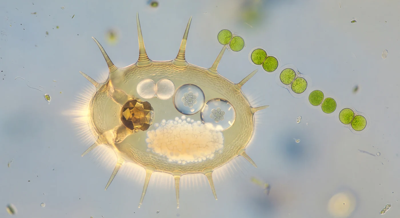 You hover motionless beside a creature nearly your own size, suspended in water so thick with viscous resistance that stillness feels earned — the female *Brachionus calyciflorus* fills your field of vision like an amber lantern, her gently ovoid lorica glowing with warm transmitted light, its surface pressed with shallow hexagonal micro-ornamentation like embossed parchment, and her six anterior spines arcing outward and upward from the lorica rim like the flying buttresses of a gothic cathedral, each one a tapered rod of translucent chitin lit from within. Through the nearly transparent lorica wall, the interior of a living organism is laid open to you as though through slightly fogged museum glass — the germovitellarium a dense cream-white cloud of compressed yolk granules glowing with milky warmth in the posterior trunk, the mastax pulsing slowly as a dark amber grinding apparatus whose rhythmic contraction reads as a slow mineral heartbeat, and at the posterior opening two eggs hang like blown-glass spheres of extraordinary clarity, each one refracting the ambient light into a soft equatorial lens-flare while inside, a tight eight-cell rosette casts pearl-grey shadows — life articulating itself in geometry before it has acquired any name. At the animal's anterior, the corona does not resolve into individual structures but blazes as a luminous atmospheric event, a wide blurred halo of white-gold incandescence where thousands of cilia beating in metachronal waves at nearly twenty cycles per second produce a continuous photonic shimmer, pushing soft pressure waves outward into fluid that registers every disturbance as a measurable displacement. Diagonally across the mid-depth of the scene, a chain of *Scenedesmus quadricauda* drifts in loose free-fall — four paired cells fused in a chartreuse-jade bracket, each one a convex lens of chloroplast-dense tissue — while the background dissolves into layered aqueous hazes and drifting particulate matter, a far diatom glinting like a distant lit window, the true optical depth of water at this scale softening even fifty micrometers of distance into a gentle atmospheric veil.