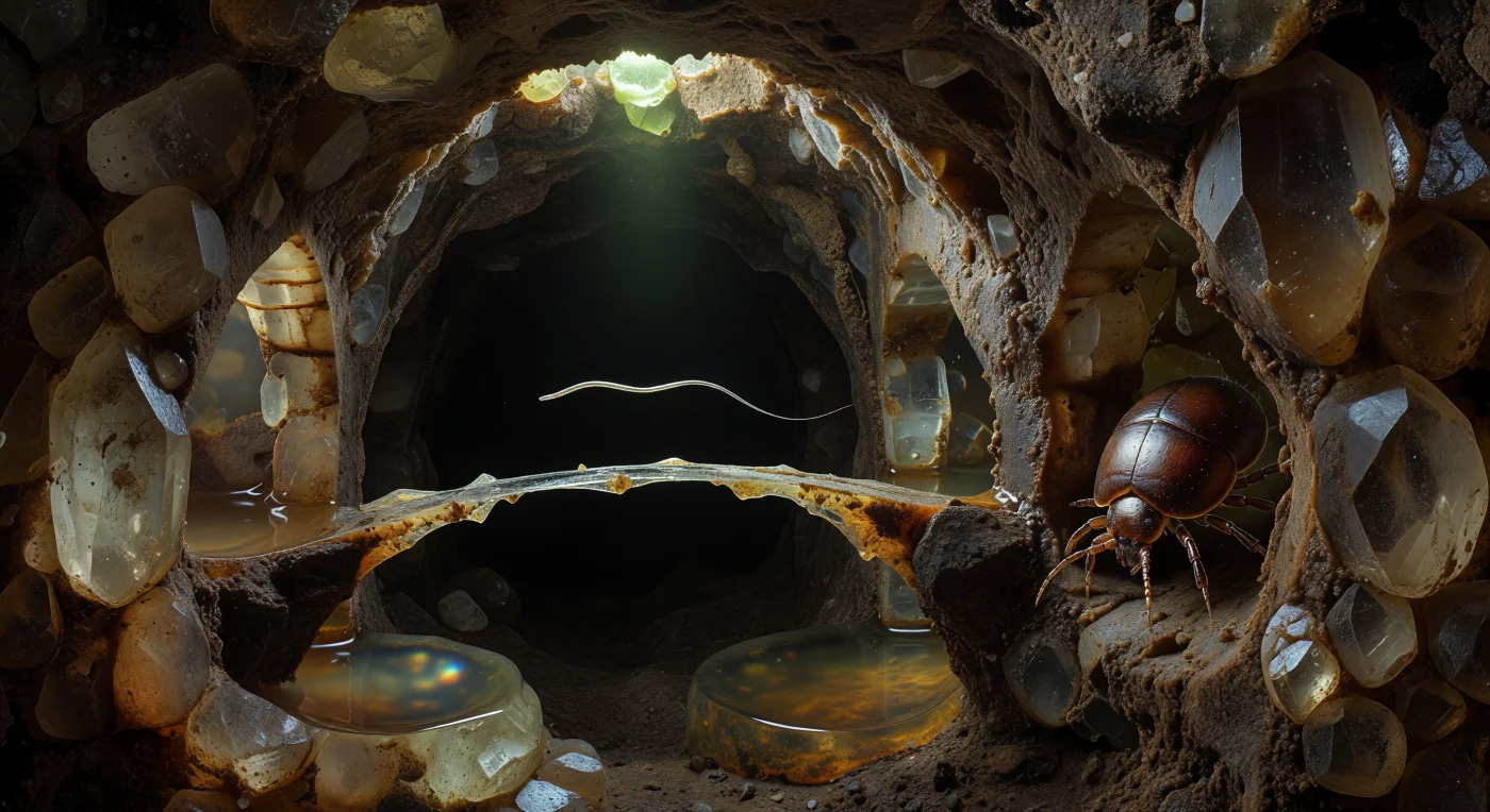 You are suspended inside a gothic vault of compressed mineral darkness, five centimeters beneath the forest floor, where no light has reached in weeks — a single pale thread filtering down from a distant pore opening above being the only evidence that a world exists beyond this chamber. The walls enclosing you are angular quartz grains the scale of apartment buildings, their fractured faces lacquered in clay minerals and humic colloids that transform raw geology into something resembling varnished bone, while papery clay-humus bridges arch between them, trembling with the physics of surface tension rather than any wind. To your right, an oribatid mite — its sclerotized notogaster a deep mahogany gloss, its eight legs working independently against a colloid-filmed wall — squeezes through a bottleneck pore measured precisely to its own body width, pretarsal claws leaving invisible micro-scratches as it navigates a passage that reads less like locomotion and more like a tank threading a doorframe. Deeper in the void, a nematode filament hangs suspended in a meniscus bridge stretched between two quartz faces, its body transmitting that single overhead light internally like a fiber-optic thread — pale silver against absolute black — while the curved water surfaces surrounding it act as natural lenses, magnifying the mineral architecture behind them into blurred amber abstraction. At this scale, capillary forces and Van der Waals adhesion govern every movement, gravity is a suggestion rather than a law, and the packed mass of the world above presses down in complete geological silence.