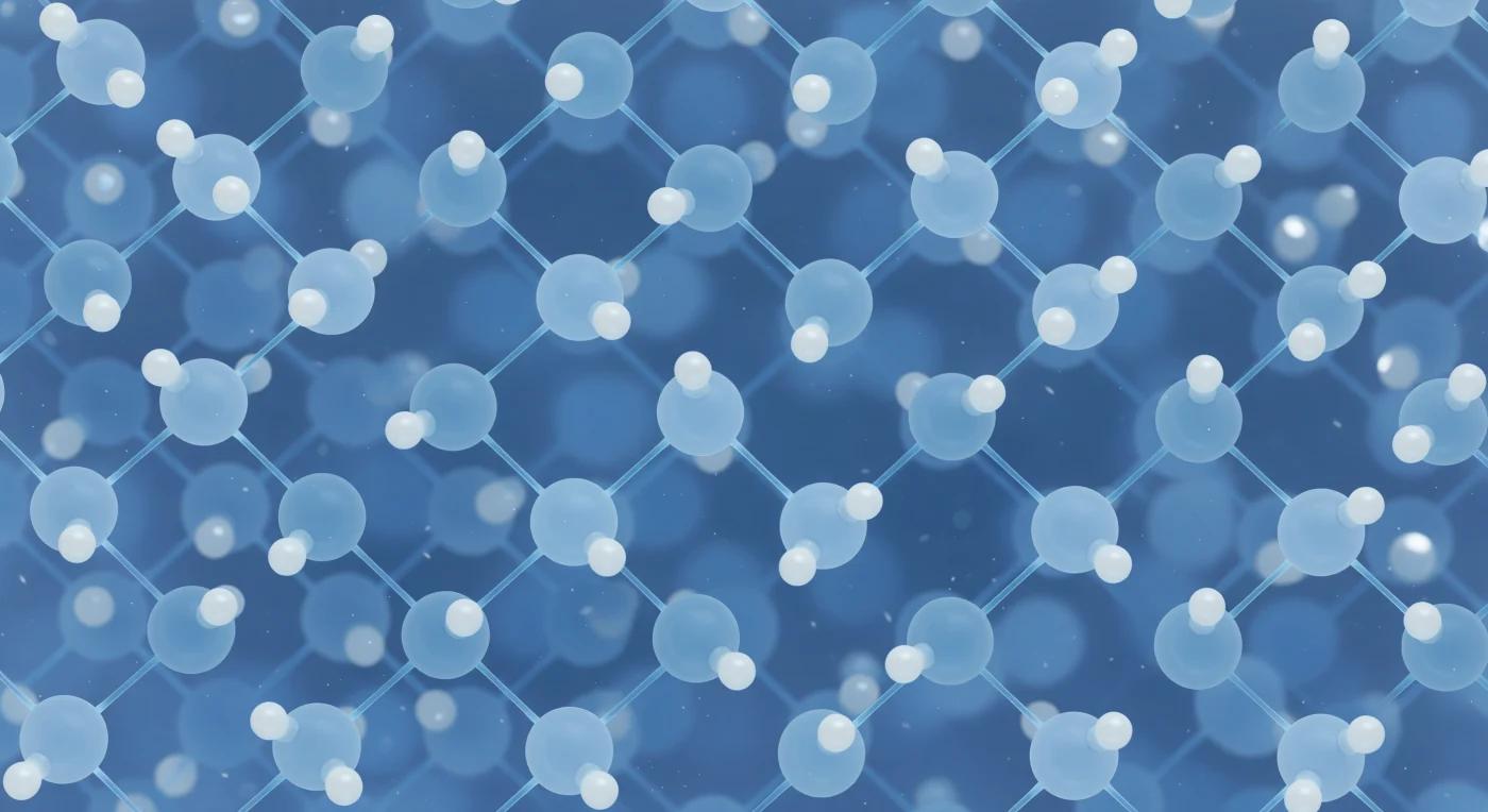 You are suspended inside liquid water — not observing it, but enclosed within it, surrounded in every direction by pale-blue translucent oxygen spheres pressing close at oxygen-to-oxygen spacings of just 2.75 Å, so near that the concept of empty space becomes meaningless. Each bent molecule carries two bright proton lobes angled at 104.5°, and between neighboring pairs, cyan hydrogen bonds — flickering threads of shared electron density — pulse and snap on picosecond timescales, too fast for any single event to register as discrete motion, perceived instead as a collective, living tremor running through the entire lattice. This is liquid water at 300 K: not the featureless solvent of intuition, but a dense, constantly rewiring hydrogen-bond network in which every molecule simultaneously donates and accepts bonds, achieving no fixed crystal order yet never collapsing into chaos. Beyond three or four molecular diameters, successive shells of molecules thicken into a deep cerulean haze, compressing the visual field into an intimate radius of resolution — only a handful of fully-formed neighbors visible before the world dissolves into indigo depth. The light has no source; it diffuses outward from the electron clouds of oxygen itself, scattering through overlapping shells until the entire environment glows cold and aqueous, simultaneously claustrophobically close and boundlessly infinite, the most abundant molecule on Earth revealed as a ceaselessly breathing, alien cosmos.