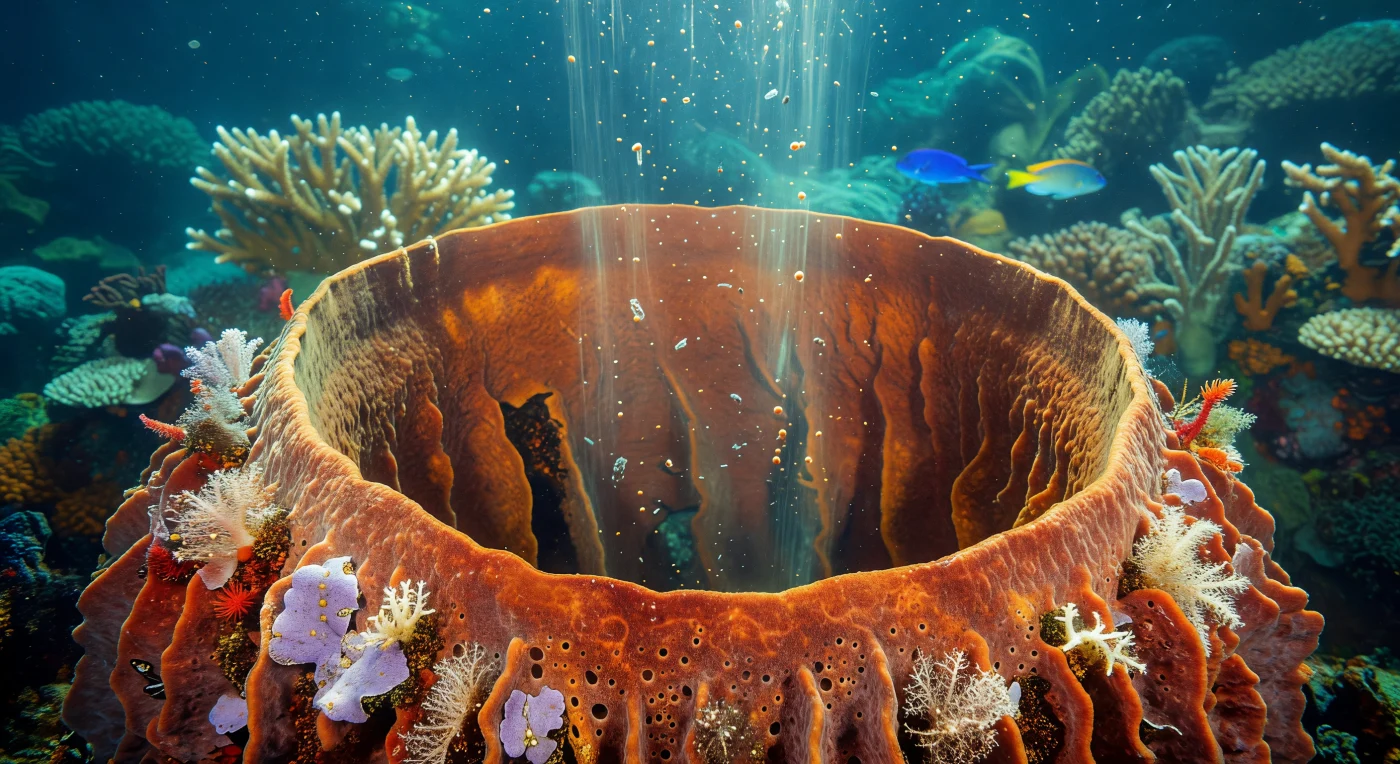 You are suspended at the lip of a living chimney — the osculum of a large barrel sponge — peering down into a four-centimeter circular shaft whose burnt-orange, iron-terracotta walls curve steeply into branching exhalant canals below, the entire interior suffused with a wavering cathedral light filtered down through the tropical water column above. What you are witnessing is not passive geology but continuous physiology: this sponge pumps water through its body at roughly 20,000 times its own volume per day, driven by thousands of flagellated choanocyte cells lining spherical chambers deep within the tissue, each cell beating its flagellum 30–60 times per second to draw seawater inward through microscopic ostia pores and exhale it, filtered, through this single chimney opening. The upwelling jet is made visible by micro-turbulence at its boundary with ambient reef water — a shimmering refractive haze laced with organic detritus, pale bacteria clouds, and glinting siliceous fragments, all the suspended material that the sponge has already processed and rejected or simply passed through. The outer surface radiates away in every direction — pitted with ostia, colonized by coralline algae and bryozoan lacework — while soft-focus staghorn corals and reef fish occupy the luminous background, reminders that this single organism, ancient in its body plan and unchanged in its cellular logic for over 600 million years, operates as a structural and biogeochemical anchor for the entire reef community around it.