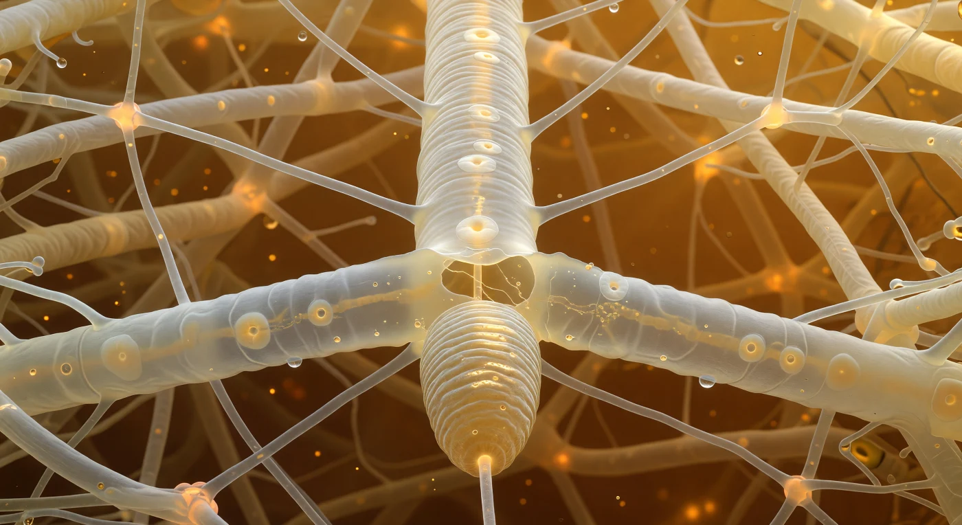 You are suspended inside a living architecture of translucent filaments, facing the broad flank of a fungal hypha that fills your entire forward view like an illuminated pressurized pipe, its wall faintly ringed with septal discs and its interior flowing with slow amber rivers of cytoplasmic granules streaming continuously through the central pore of each septum. The amber-brown light permeating this space descends through a ceiling of decomposing leaf litter overhead, the organic acids and tannins of decay filtering surface sunlight into something older and warmer, the color of whiskey held to flame, suffusing the water-saturated pore space between hyphae and cellulose fibers with an even, directionless glow. Pressed against the hypha directly before you is the anterior end of a fungivore nematode — a blunt corrugated cylinder of annulated cuticle whose ridges catch the amber light — its hollow stylet already breached through the hyphal wall, the pharyngeal pump cycling beyond in rhythmic suction that draws cytoplasmic contents inward while a pale retraction wave spreads outward from the wound site, streaming organelles deflecting around the lesion and leaving a faint clearing zone of lower optical density at the puncture margin. The background resolves into a structural lattice of swollen cellulose fibers and branching hyphae converging at anastomosis junctions that pulse fractionally warmer — almost orange — where cytoplasmic bridges between filaments exchange metabolic currency across the shared mycelial network, thin water films between every surface catching light as bright meniscal curves that define every navigable corridor at this scale.