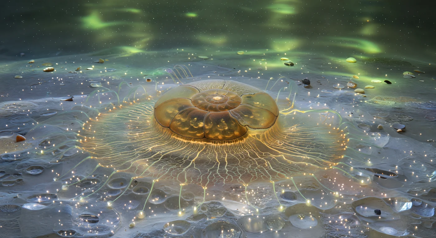 You hang suspended just above a vast frosted plain that stretches to every horizon — the surface of a single quartz grain, its interior alive with refracted shallow-water sunlight that throws cold starbursts and amber glints across a topography of glassy craters, conchoidal scarps, and polished plateaus as dramatic at this vantage as a mountain range seen from low altitude. At the center of this mineral landscape, a living Rosalina globularis commands the scene: its flat trochospiral test — six gently inflated chambers of translucent hyaline calcite arranged in a low coil, glowing amber-green as diffuse green-teal light passes through walls only microns thick — slides forward across the grain on a broad reticulopodial sheet that spreads beneath it like a shifting stained-glass carpet, each cytoplasmic strand a fraction of a micrometer wide yet fusing with its neighbors in a continuously rewiring anastomosing mesh that grips the mineral surface at dozens of adhesion points simultaneously. This is foraminiferal locomotion in its full physical reality: the leading fans of the net dissolve into near-invisibility as they probe forward over the quartz facets, while the trailing strands lift away and retract, leaving faint iridescent mucus traces — hairline threads of interference color shifting from violet to pale gold — that record the organism's passage across the grain. A single cell, housed in a calcite architecture it secreted chamber by chamber over weeks, is actively navigating a sediment landscape it experiences as a complex three-dimensional terrain, its reticulopodia simultaneously serving as locomotor apparatus, prey-capture net, and sensory interface with the mineral and chemical world of the seafloor.