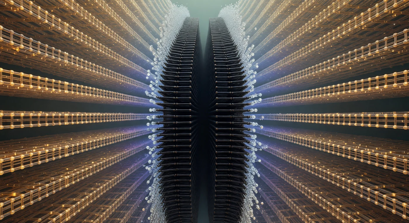 Looking straight down the axis of an amyloid-β fibril, the viewer enters an architectural corridor of almost hallucinatory regularity — parallel β-sheet layers stacked with sub-nanometer precision recede into apparent infinity, each plane of peptide backbone an exact structural echo of the one before it, separated by intervals of roughly 4.7 ångströms governed entirely by hydrogen-bond geometry rather than any external template. Those hydrogen bonds themselves appear as luminous amber-gold rungs spanning laterally between adjacent strands, their directionality perpendicular to the recession axis, tracing a ladder whose terminus is never reached — each N–H donor locked to a carbonyl oxygen acceptor with a bond distance near 2 Å, the quantum mechanical overlap of molecular orbitals rendered as warm, continuous luminescence. At the absolute center of the abyss lies the steric-zipper core, a seam of profound darkness where nonpolar side chains — leucines, isoleucines, valines — interdigitate across the protofilament interface with van der Waals contact so complete that bulk water is entirely excluded, the two apposed β-sheet faces held together by London dispersion forces across a boundary that is, at the molecular level, a seamless coalescence of complementary hydrophobic surfaces. Flanking this dry obsidian corridor, the outer fibril surface shimmers with a blue-white corona of ordered solvation water, each molecule oriented by the polar backbone beneath, hydrogen-bond lifetimes of one to ten picoseconds creating a nacreous thermal shimmer at the liquid-ordered interface. The overwhelming sensation is one of self-templating inevitability: this structure assembled itself one molecular layer at a time, each incoming peptide recognizing and replicating the cross-β geometry of its predecessor with a fidelity that feels less like biology than like crystallographic law made animate.