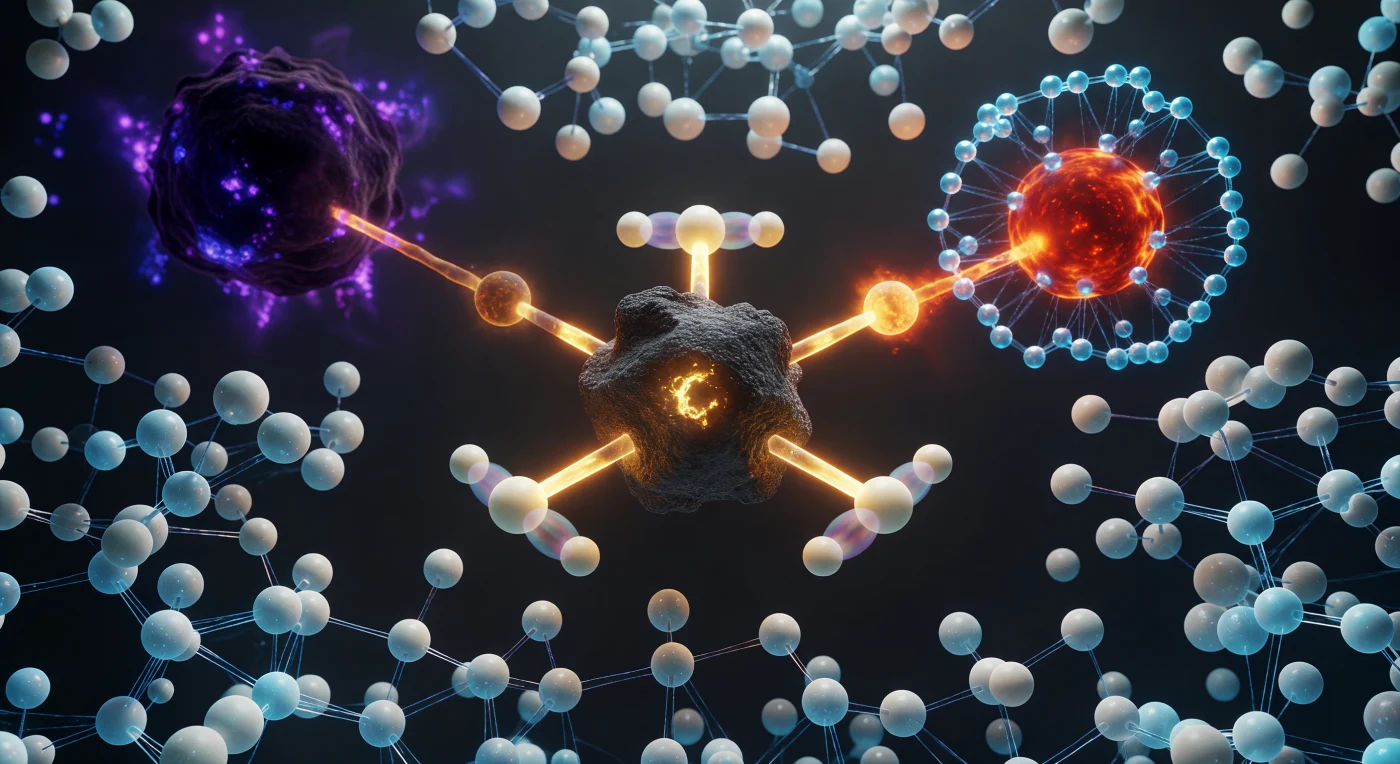 You hang suspended at the apex of a reaction that has not yet decided its own outcome — a moment so fleeting it exists only as a mathematical saddle point on the potential energy surface, lasting on the order of a single bond vibration, roughly ten femtoseconds. The central carbon atom, caught in trigonal bipyramidal transition-state geometry forbidden by equilibrium chemistry, holds three hydrogens locked in a perfect 120° equatorial plane while a nucleophilic oxygen closes from one pole at 2.0 Å and a bromine leaving group stretches away at 2.3 Å, both partial bonds at half-order, meaning neither fully formed nor broken — a condition quantum mechanics permits but classical intuition refuses. Around the carbon's equatorial hydrogens, ghostly translucent twins hover in near-coincident superposition, the signature of quantum tunneling probability distributions that allow hydrogen nuclei to sample classically forbidden positions even at this frozen instant. The surrounding solvent is not empty space but a pressing crowd of water molecules reorganizing their hydrogen-bond network in real time, their cyan halos of electron density straining and reforming to stabilize the emerging charge separation radiating outward from the reaction axis — because at this scale, solvation is not a background condition but an active participant in determining whether the reaction proceeds at all.