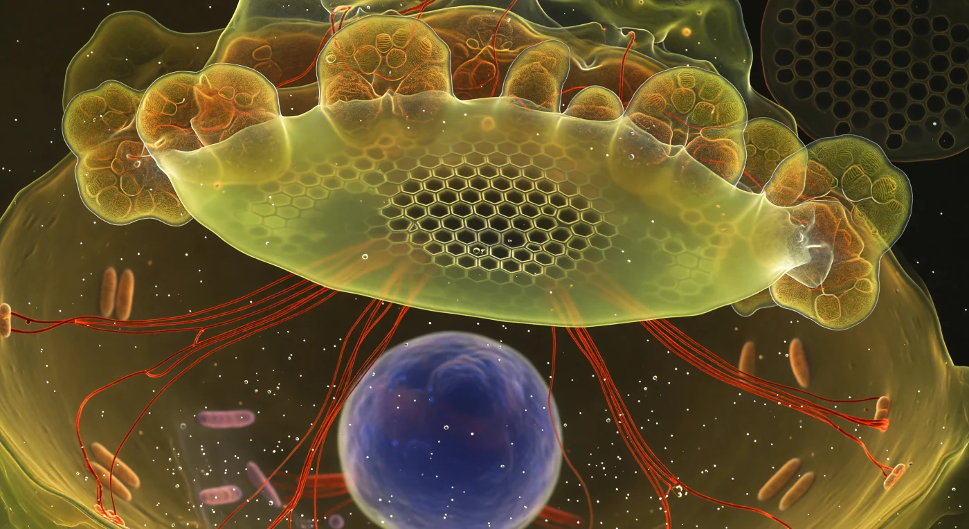 You are suspended inside a living diatom cell at the precise moment of valve birth — an event unfolding over hours yet arrested here in a single luminous instant, the completed silica honeycomb snapping into crystalline focus at the center of the Silica Deposition Vesicle while its outer edges dissolve into a glowing fog of mineral indecision, silica still negotiating its final hexagonal form. The SDV itself stretches like a chartreuse ceiling across the entire field of view, lit from within by PDMPO dye incorporated into freshly polymerizing opaline glass, its resolved core a lattice of dark areolae framed by hair-thin walls burning white-gold — the same architectural logic that has been pressed into ocean sediments for hundreds of millions of years now crystallizing in real time above you. From beneath this forming valve, crimson actin cables radiate outward in taut, bifurcating bundles, their phalloidin-labeled surfaces cutting through the amber cytoplasm like heated wire, transmitting the mechanical forces that sculpt valve geometry with molecular precision. Golden chloroplast lobes press upward against the silica ceiling, their thylakoid lamellae stacked like pages of dense biological text, while far below in the cytoplasmic dark a DAPI-stained nucleus floats like a cobalt moon — the genome that encodes all of this impossible architecture hovering in patient suspension as the cell manufactures its own glass house around it.