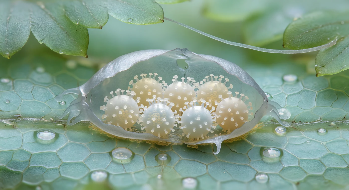 You hover just above the waxy surface of a moss leaf, your entire field of view taken up by a split-open tardigrade exuvia draped across the green terrain like the collapsed hull of a glass vessel — its translucent silver-grey walls catching the soft, jade-filtered light in iridescent interference colors that fade to near-invisibility at the thinnest edges. Inside the gaping cuticle, which has split along its dorsal seam during a recent molt, eight cream-yellow Macrobiotus eggs rest in a loose clutch on a thin amber biofilm of flattened bacteria, each sphere roughly the size of a boulder from your vantage point, their surfaces densely armored with hundreds of mushroom-shaped cuticular processes that scatter ambient light and give each egg a frosted, lantern-like glow. Deep within each shell, barely resolved through two layers of membrane, the earliest rounds of cell division have thickened the interior into a granular mass that transmits light with a warm amber core, evidence that embryogenesis is already underway inside these architecturally intricate, species-diagnostic capsules whose process ornamentation will eventually serve as taxonomic evidence of their identity. The surrounding moss leaf extends away in soft focus, its epidermal cells enormous hexagonal tiles of pale aquamarine, water pooling into meniscus lenses at their raised junction walls — a world where surface tension outweighs gravity, and time is measured in the slow accumulation of cell divisions within these quietly glowing spheres.