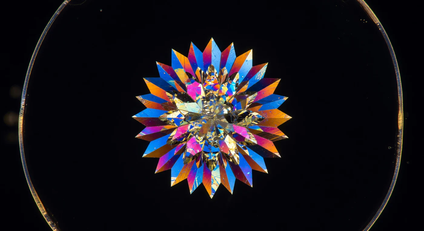 A star-burst fortress of calcium oxalate fills the entire visual field, its forty individual facets radiating from a dense central nucleus like the blades of a rose window carved from living mineral — each spike tapering to a stiletto point that dissolves into absolute darkness. This is a druse crystal, roughly 55 micrometers across, precipitated inside a parenchyma vacuole when dissolved calcium and oxalate ions reached saturation and cascaded outward from a seed nucleus in a burst of crystallographic inevitability; the plant uses such inclusions to sequester excess calcium, neutralize organic acids, and deter herbivores, locking metabolic waste into insoluble geometry. Under crossed polarizers, the surrounding aqueous vacuolar contents vanish into a perfect void, and only the birefringent crystal generates color — deep cobalt blue across the broadest faces where light retardation is maximal, burning through burnt sienna and raw amber at oblique angles, erupting into near-incandescent gold along the razor ridgelines where constructive interference stacks wavelengths from two adjacent facets simultaneously. At the very periphery of this black cathedral, a faint pale-gold curve betrays the parenchyma cell wall — compressed cellulose microfibrils forming a laminate fortification whose own birefringence is a whisper against the mineral spectacle at center stage — a reminder that this entire blazing structure exists sealed and motionless inside a single living cell, a frozen record of ion chemistry pulsing with color in the biological dark.