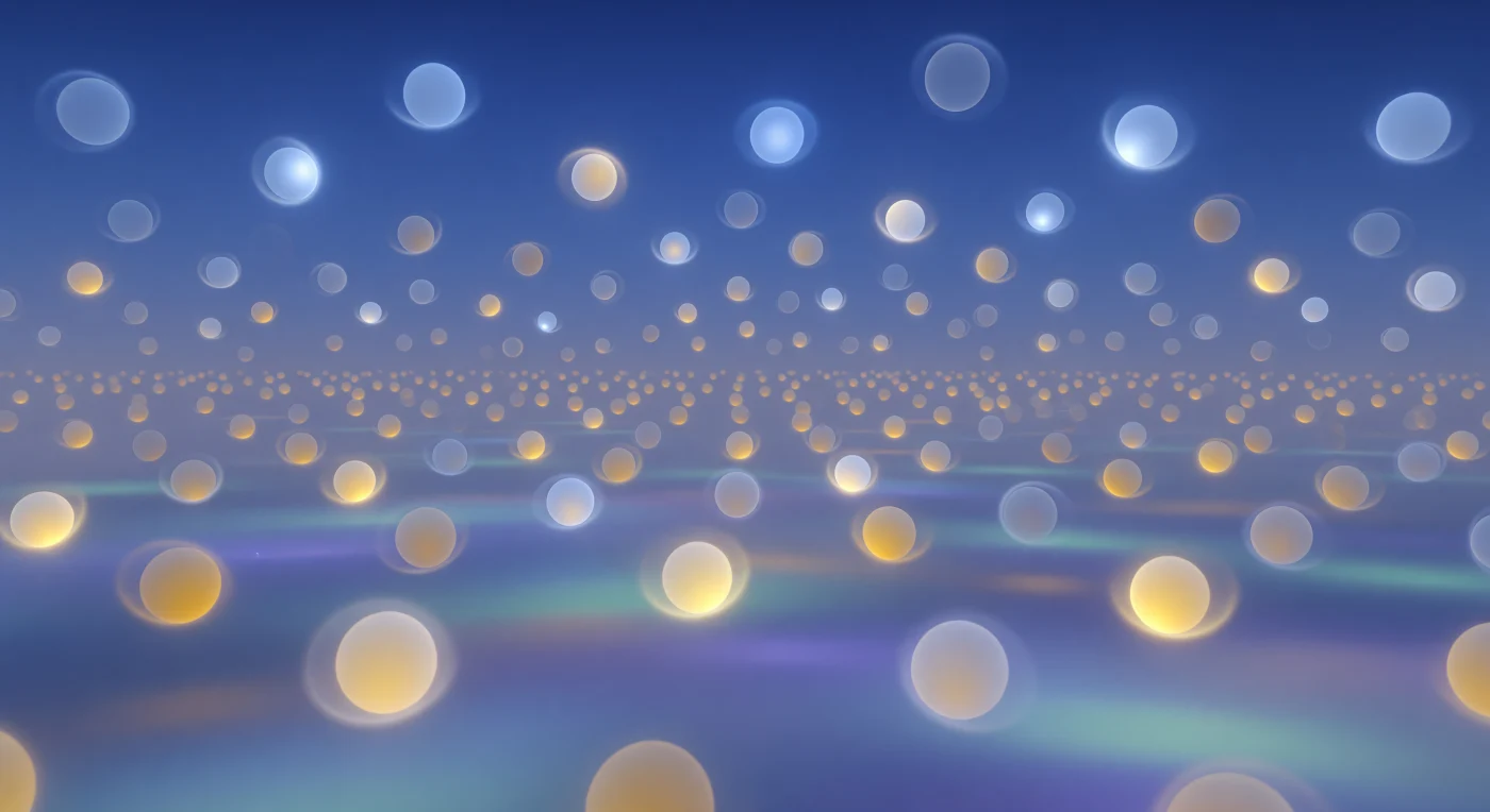 A vast field of translucent electron probability spheres fills the view, each hovering like a softly lit bubble in an indigo magnetic haze that presses in from every direction. Some glow cool blue-white and sit slightly higher, while others burn amber and hang lower, expressing the two spin populations that can occupy different energies in a magnetic field; around each one, a faint rotating asymmetry marks the slow precession of its magnetic moment. Now and then, a white-gold flash cuts through a sphere as a microwave photon flips a spin, briefly inverting its color before the glow settles again, like a living signal pulse in a coordinated quantum array. The scene feels boundless and breathable, with countless more spheres fading into the luminous distance, so dense with order and motion that the whole forest seems to hum with invisible field lines and resonant timing.