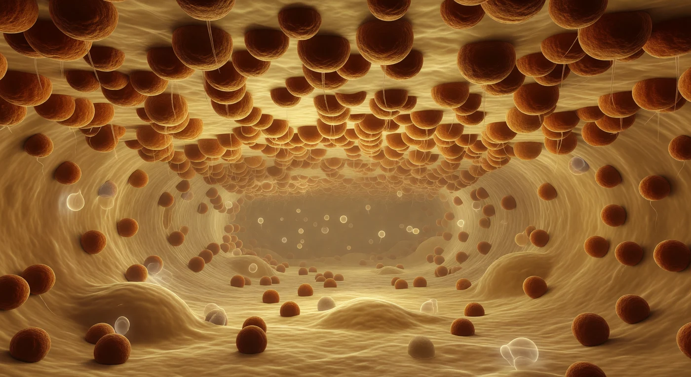 You drift suspended within the lumen of the rough endoplasmic reticulum, adrift in a corridor of warm amber light that seems to emanate from the aqueous medium itself — a space packed with dissolved proteins drifting past like pale, slow ghosts caught in a sourceless glow. Above you, pressing close with the authority of architecture, the cytoplasmic face of the ER membrane has been entirely consumed by ribosomes: thousands upon thousands of rust-brown, asymmetric spheres some 25 nanometers across, packed shoulder to shoulder in an unbroken canopy that obliterates any view of the bilayer beneath, each one a molecular machine threading a nascent polypeptide through the translocon and releasing it, strand by gossamer strand, into the lumen below. These are the factories of the secretory pathway — co-translational translocation in continuous, simultaneous, unselfconscious operation across every surface you can see, the newly synthesized proteins entering this aqueous corridor to be folded, modified, and sorted toward their destinations in the Golgi and beyond. The corridor itself recedes in deep perspective, bounded above and below by twin ribosome-studded membranes converging toward a vanishing point lost in protein-fogged amber murk, its geometry distorted by occasional vesicular bulges bowing gently inward like blisters in wet paper. The density is total and industrial: macromolecular crowding at several hundred milligrams per milliliter surrounds you, and the proliferation of ribosomal bodies overhead — each enormous relative to your position, together constituting not ornament but inevitability — makes unmistakably felt that the cell manufactures its proteins without pause, without awareness, in every direction at once.