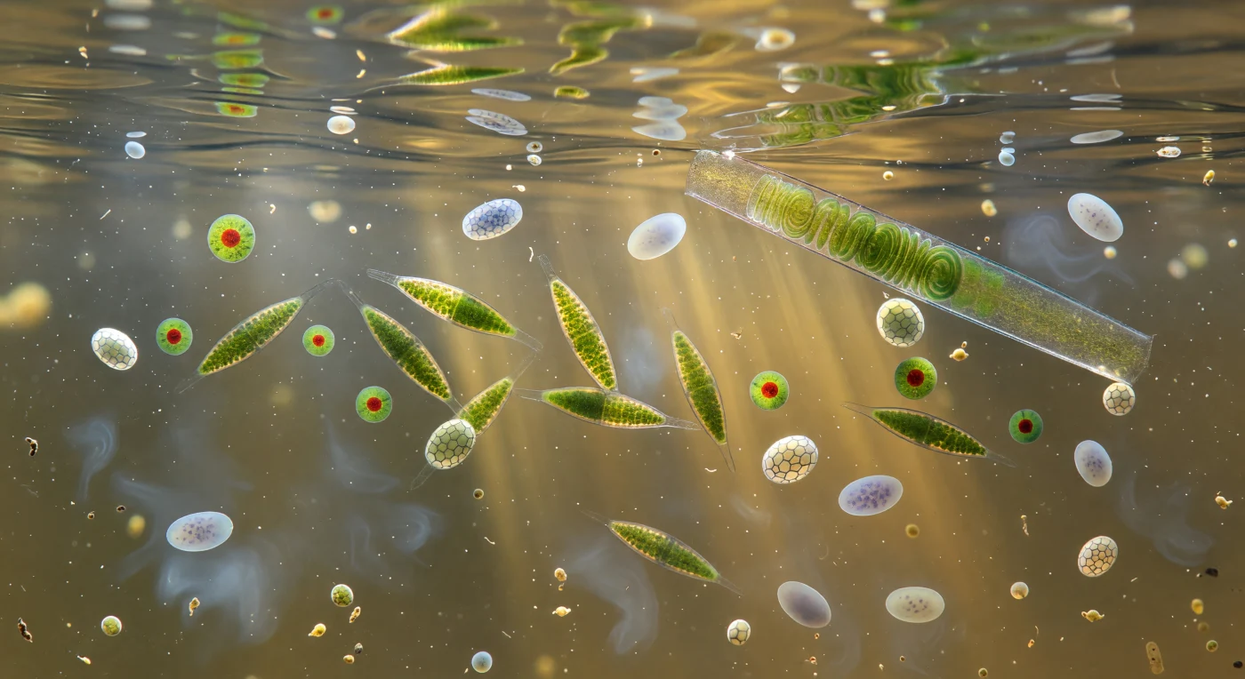 You hover two hundred micrometres below a ceiling that looks like liquid mercury — the underside of the pond's surface film — which shimmers and ripples with the micro-wakes of dozens of organisms pressing against it from below, returning afternoon light as a broken, amber-tinged mirror. The community suspended around you represents the neuston, a thin biological stratum exploiting the physics of the air-water interface: here, dissolved organic matter concentrates, dissolved oxygen peaks, and light intensity is highest, drawing photosynthetic protists upward until they pack the surface film at densities rare anywhere else in the water column. Euglena, each a tapered emerald spindle between fifteen and eighty micrometres long, jostle with bead-like Chlamydomonas cells whose brick-red eyespots — dense carotenoid granule arrays tuned to detect photon direction — burn like heated coals against the green, while barrel-shaped Coleps tumble slowly among them, their armour of interlocking calcium carbonate platelets fracturing the caustic light into hard facets. Threading through the bacterial haze that softens every distant form into a blueish-silver fog, a Spirogyra filament angles across the background like an industrial girder, its cellulose wall bending the ambient light into a bright specular edge and revealing the spiralling jade-green chloroplast ribbon within. This is a world governed entirely by viscosity and chemistry rather than by inertia: at Reynolds numbers far below one, every organism swimming through this crowded amber medium feels not open water but something closer to warm syrup, every flagellar stroke and pellicle contraction a deliberate negotiation with fluid that forgets no movement instantly.