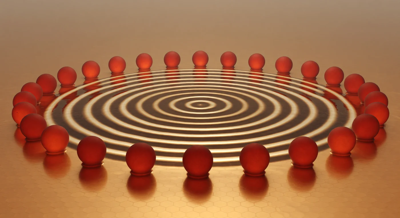 You stand at the rim of a vast circular amphitheater sunk into a burnished amber plain, looking inward across a copper-gold Cu(111) surface where forty-eight iron adatoms rise as rust-red monolithic pillars forming a perfect palisade — their rounded flanks glowing with the dense inner warmth of heated iron, their bases kissed by shallow reflections from the hexagonally corrugated lattice below. Inside the corral, the copper floor is transformed: concentric rings of quantum mechanical standing waves ripple outward from a central bright node, alternating between ivory-gold crests of constructive electron density and deep umber troughs where the surface probability is depleted, each ring separated by roughly eight ångströms — approximately the spacing of a few iron atoms laid side by side. This is the quantum corral, assembled atom by atom using a scanning tunneling microscope tip by Crommie, Lutz, and Eigler at IBM in 1993, the first direct demonstration that individual electrons confined within an atomically precise boundary obey the same standing-wave mathematics as sound trapped inside a drum. The electron density isosurfaces are sharp as polished glass, illuminated not by any external light source but by the self-luminous glow of probability itself — a cathedral whose walls are made of wavefunction, whose architecture is enforced by the Schrödinger equation alone, and whose interior radiates a sacred geometric precision that feels simultaneously microscopic and monumental.