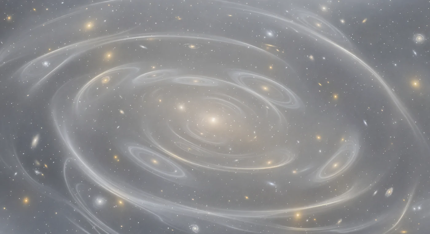 You drift suspended within an ocean of stolen starlight half a megaparsec from the heart of the cluster, immersed in an intracluster light so faint it hovers at the threshold of perception yet so vast it fills a volume measured in hundreds of thousands of light-years — the accumulated glow of billions of stars stripped from their parent galaxies over ten billion years of gravitational violence, smeared by tidal disruption into a continuous pewter-silver luminosity that casts no shadows and originates from no single direction. The brightest cluster galaxy ahead offers no clear boundary where it ends and the stellar sea begins, its ivory-gold nucleus brightening only imperceptibly toward center before bleeding without edge into the surrounding diffuse medium, the distinction between galaxy and intergalactic space erased by the same merging events recorded in the long fossil tidal streams that arc across the field of view — translucent ribbons of fractionally elevated stellar density curving over tens of kiloparsecs, their feathered margins tracing the orbital paths of galaxies consumed and dispersed across geological timescales. Concentric shell structures interrupt the silver smoothness in broad elliptical arcs, interference patterns frozen into the stellar medium by merger events three billion years past, each arc spanning tens of kiloparsecs and recording a separate ancient catastrophe in slightly elevated brightness against the universal glow. Above and around this phosphorescent ocean, intact cluster galaxies — amber ellipticals and blue-tinted spirals — float like islands at great depth, their own stellar halos already beginning to dissolve into the intracluster light that will eventually claim them too.