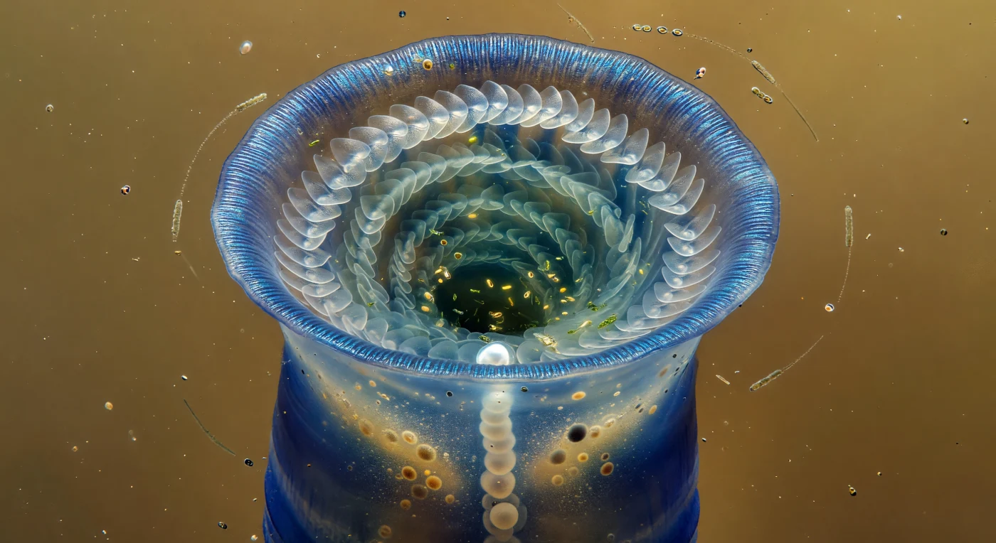 You hover directly above the living drain of a single-celled giant, staring down into the spiraling oral disc of a *Stentor coeruleus* — a blue-green whirlpool roughly half a millimeter tall, yet structurally as intricate as any coral reef or rain forest canopy. The rim of the disc is ringed with compound membranelles, each a fused paddle of hundreds of cilia sweeping in tight coordination at twenty to forty beats per second, generating the slow clockwise gyre that continuously funnels bacterial rods and algal cells down into the cytostomal pit below, a dark gravitational center from which nothing returns. Through the semi-transparent pellicle the macronucleus descends like a string of river pearls — its beaded lobes the control architecture for the thousands of genes the organism must run simultaneously, a single nucleus shattered into redundant nodes threading through cobalt endoplasm dense with food vacuoles at every stage of digestion. The parallel striations of stentorin pigment granules run longitudinally across the cortex in alternating Prussian blue and pale aquamarine bands, a biological textile so precisely repeated it reads as woven fabric rather than chemistry. Around the outer disc, diatom frustules and smaller protists orbit just beyond the pull of the current like debris at the edge of a gravity well, tracing arcs through amber-hazed water that is not empty but thick with dissolved organics, Brownian noise, and the slow chemical conversations of a living freshwater world.