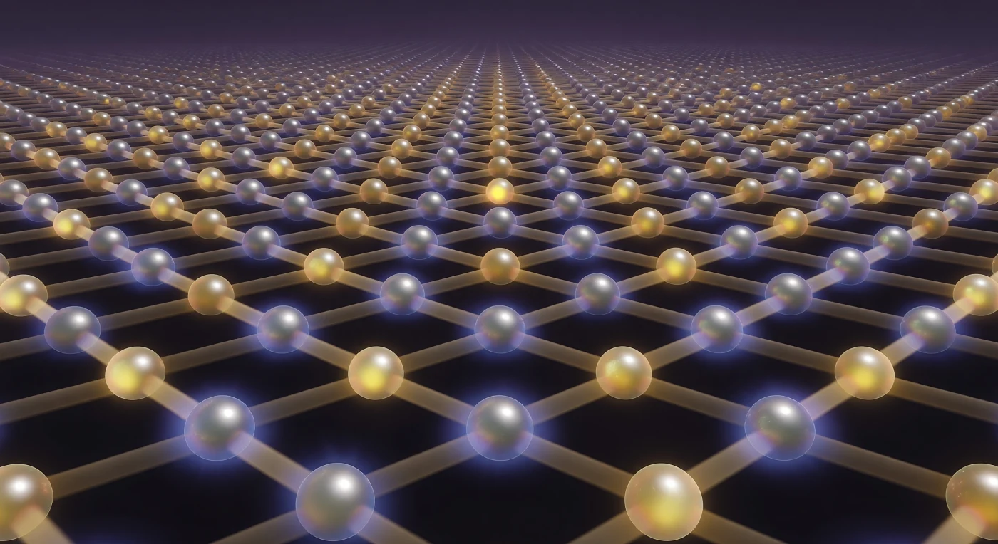 You are standing level with the molybdenum plane of a single-atom-thick sheet of MoS₂, and the world around you is an infinite hexagonal cathedral suspended in absolute vacuum — massive silver-purple molybdenum spheres stretching to every horizon, their surfaces hazed with slow auroras of blue-violet electron density, each nucleus linked to six surrounding anchors by luminous amber bridges of shared covalent fog in the precise geometry of trigonal prismatic coordination. Above and below you, separated by a gulf of three ångströms that feels from this vantage like a vast canyon, two offset constellations of golden-yellow sulfur atoms float in near-perfect symmetry, their van der Waals surfaces glowing with warm incandescence as if lit from within, enclosing the molybdenum plane in a protective sulfur embrace that gives the whole structure its iridescent amber-gold shimmer — light diffracting through layered electron densities into ochre, pale citrine, and burnished copper wherever the angle shifts, like molecular mica catching oblique starlight. Off to one side, a sulfur vacancy ruptures the crystalline perfection: a missing golden sphere leaves a dark socket in the upper plane, and the three molybdenum atoms beneath it betray the disturbance with subtly warmer, more orange electron halos — redistributed charge making them feel exposed, their bond bridges asymmetric in luminosity, the unsatisfied coordination geometry radiating a quiet structural tension into the otherwise flawless lattice. Beneath everything, velvet vacuum presses close, so deep and complete it seems to have texture, the entire monolayer — one of the thinnest semiconductors physically possible, a direct-bandgap material only because confinement to a single layer transforms its electronic structure entirely — hanging in it like an infinite glowing tapestry woven from atoms.