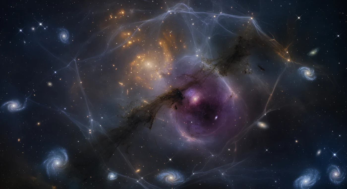 From the Milky Way's own position deep within Laniakea, the view opens across hundreds of millions of light-years of faintly luminous cosmic architecture — the Virgo Cluster burning amber-gold some sixteen megaparsecs ahead, its thousands of ancient elliptical galaxies compressed into a warm node whose ochre halo bleeds slowly into the silver-blue haze of ionized filaments stretching across the foreground like moonlight caught in the thinnest possible gauze. These filaments are not decoration but the structural skeleton of the supercluster itself — warm-hot intergalactic plasma threading between galaxy concentrations along pathways carved by dark matter's gravitational scaffolding, channeling entire rivers of mass toward nodes of convergence over timescales that dwarf the age of the solar system. A thick diagonal band of galactic-plane dust cuts across the scene in deep umber and russet, absorbing and reddening everything behind it, concealing the Norma Cluster and allowing only bruised violet and smoldering magenta glimpses of the Great Attractor — a gravitational convergence so massive that the Milky Way itself, along with hundreds of thousands of other galaxies, flows toward it at roughly six hundred kilometers per second, a drift so vast and so slow it will take billions of years to resolve, and may never fully do so before dark energy tears the supercluster apart. Blue spiral galaxies populate the nearer periphery like luminous pinwheels caught at every angle, each one an island of billions of stars, their presence a reminder that this incomprehensible ocean of matter is not abstract but inhabited — a structure we do not observe from outside, but from within.