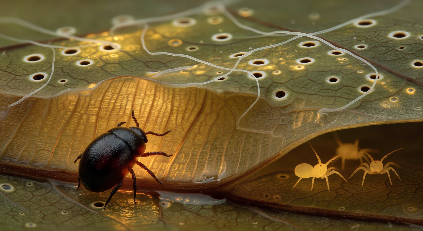 Behind the domed creature's lacquered mahogany-black notogaster — every microsculptured pit and polished facet rendered in crystalline precision — a towering ridge of compressed amber cellulose rises like a sheer geological escarpment, its parallel fiber striations glowing faintly ochre-gold where the tissue has thinned to near-transparency, backlit by daylight bleeding through the partially decomposed oak lamina below. The oribatid mite braces its four right-side legs against the vein's steep flank, hooked pretarsal claws locked into surface microstructure, each limb a dark amber thread no thicker than a silk strand — a creature whose heavily sclerotized exoskeleton evolved precisely for this kind of grinding, armored passage through leaf litter architecture, its notogaster a dome of chitin so hardened it resists compression, fungal enzymes, and the crushing weight of soil aggregates alike. Beyond the vein's crest, a vast translucent plateau opens into a landscape of stomatal pits gaping like open manholes, their guard-cell rims catching the backlight as pale ivory crescents, while fungal hyphae — five to ten micrometres across — stretch as slack pearl-white cables between surface irregularities, the dominant threads of a hidden decomposer network that these animals both navigate and consume. In the cool amber shadow beneath the vein's overhang, two pale prostigmata mites linger in soft focus, their creamy soft-shelled bodies and splayed legs barely resolved against the warm dark, dissolved into a world where surface tension and capillary adhesion govern every movement, every gleam of transmitted light, and every fragile contact between cuticle and the water film coating all things at this scale.