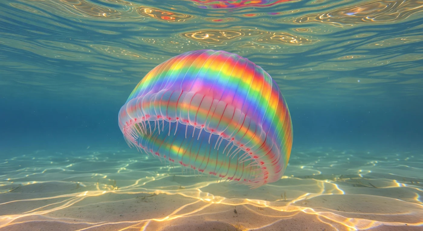 Suspended at eye level with a creature that barely registers as solid matter, you drift in the luminous blue-green water column of the Mediterranean shallows, watching eight arching comb rows ignite in traveling waves of pure spectral fire — carmine blooming into amber, then acid green, then violet — cascading along the flanks of a *Bolinopsis infundibulum* whose mesoglea is so perfectly refractive-index-matched to the surrounding sea that the animal announces itself only as a ghost of lens-distortion and living rainbow. Each discrete comb plate, a compound paddle of fused cilia beating at tens of cycles per second, acts as a biological diffraction grating: as its geometry tilts through the stroke cycle it paints a fresh band of the visible spectrum before the next plate ignites in antiplectic metachronal sequence, so the entire body shimmers in slow-burning, asymmetric aurora across eight staggered rivers of light simultaneously. The oral lobes drape open below, their mesoglea faintly flushed with the rose tracery of underlying gastrovascular canals — visible only where backlit by surface glow, like capillaries through pressed skin — while far beneath, sunlight broken by surface chop has written long sinuous caustic ropes of gold across the rippled sandy floor, a warm amber underworld that makes the intervening water column feel like cathedral nave space, vast and photon-saturated. This is an organism that is ninety-six percent seawater given form, a soft-bodied predator running a bioluminescent diffraction engine in open water, revealing through iridescence alone the improbable fact of its existence.