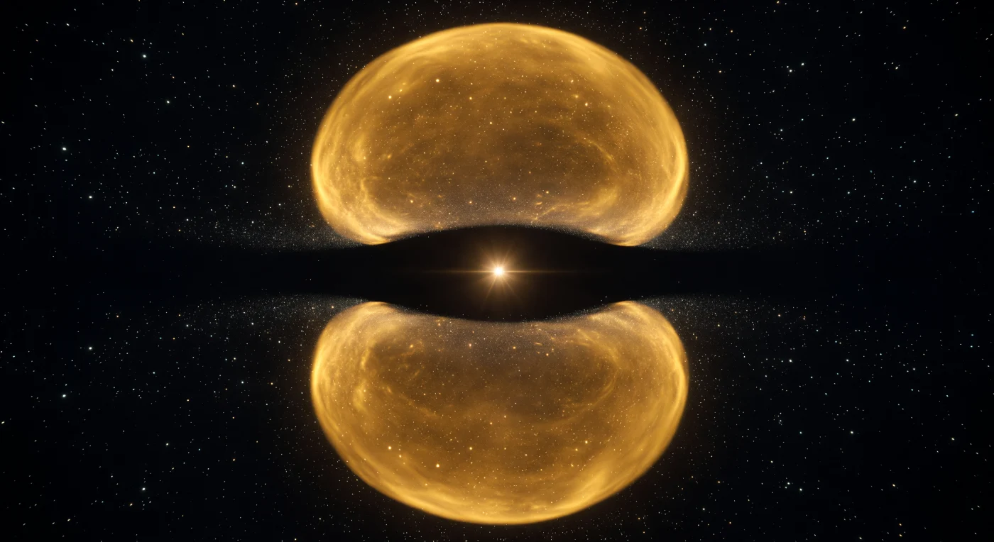 Two immense amber lobes of electron probability rise above and below a perfectly flat, black nodal plane, their warm volumetric glow dissolving at the edges into a glittering haze of tiny statistical flashes. At the exact center, the nucleus burns white-gold like a point of unbearable intensity, anchoring the two lobes while the plane between them remains a mathematically exact zero of amplitude, darker than shadow and stripped of all presence. The scene feels less like looking at matter than standing inside a living equation, where every luminous contour is a map of likelihood rather than a solid boundary. Around the whole structure, the vacuum carries a faint, restless shimmer, making the immense quiet of the orbital feel vast, precise, and strangely alive.