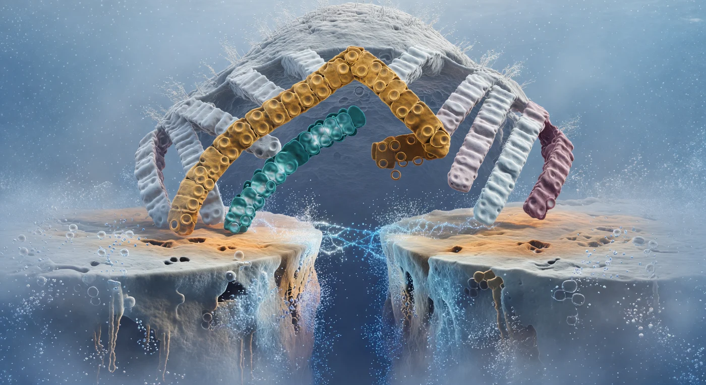 The view opens onto two vast opposing surfaces separated by a narrowing void barely wide enough for a few water molecules — the closing interface between an antibody's Fab fragment and its target antigen, resolved here into overwhelming sculptural detail. From behind and above, the beta-sandwich body of the Fab looms like a pewter massif, its laminar ridges of tightly hydrogen-bonded beta-strands giving way at the crown to six CDR loops surging forward like enormous architectural fingers: the amber H3 loop arcing in a long confident curve, the teal L3 reaching in from below, the four flanking loops framing them in graduated silvers and dusty mauves to form a cupped amphitheatre of complementary molecular geometry. Across the narrowing gap, the antigen epitope curves away like a convex planetary horizon, its ochre and terracotta surface contoured with uncanny precision to receive the approaching loops — the product of evolutionary or affinity-matured shape complementarity operating across a contact zone of roughly five by six nanometres. Water molecules are being expelled from this drying interface in real time, radiating outward as brief opalescent sparks of dipole-reorienting thermal energy, while cyan hydrogen-bond bridges flicker and consolidate across the remaining Ångström gap — luminous blue-white threads of shared electron density stabilizing one by one as electrostatic, van der Waals, and hydrophobic contributions sum toward the final binding free energy. The surrounding medium presses in from every direction as warm sapphire solvent haze, a thermally turbulent ocean of molecular bombardment that makes the slow, deliberate geometry of this molecular recognition feel all the more improbable and precise.