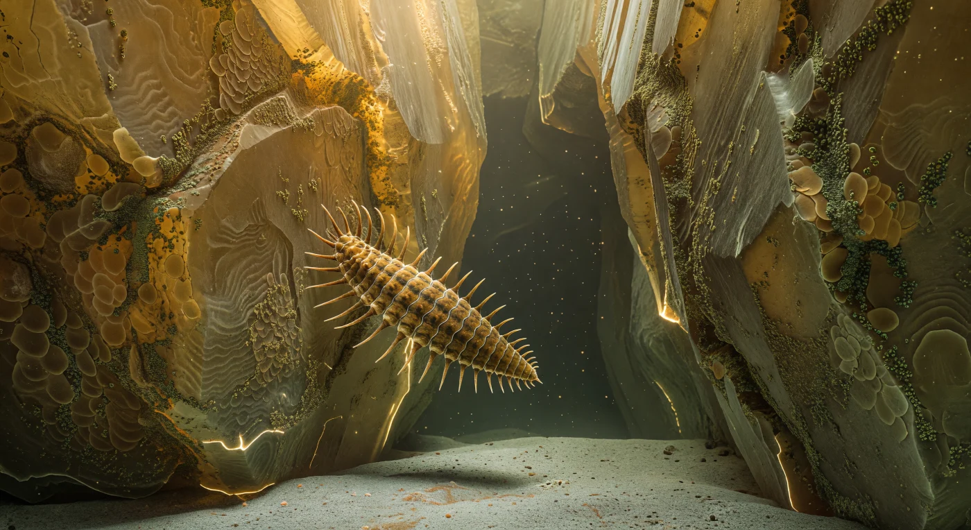 At the entrance to what might be a cathedral nave scaled down to the imperceptible, two massive quartz walls rise on either side — their faces geological in complexity, encrusted with flattened clay platelets like lichen on sandstone, glazed by a tawny-gold biofilm that catches diffuse amber light filtering through the translucent mineral itself. The passage ahead converges into a slot of near-blackness, olive-grey interstitial water filling the throat with faint turbidity, suspended detrital motes catching lateral light like dust frozen mid-fall in an airless room. Pressed against the left wall in the middle ground, a kinorhynch occupies this corridor as both traveler and structural element — its segmented amber-brown cuticle lacquered under rim illumination, each zonite bordered in a paler sclerite edge, while its fully extended introvert splays concentric rings of curved, chitin-tipped scalids directly into the biofilm surface, slightly deforming it, bracing the animal against a grain face the size of a building facade relative to its body. This is a world where gravity has surrendered authority to viscosity and surface tension, where chemical gradients invisible to any larger eye stratify the water column within fractions of a millimeter, and where the architecture of sediment — the pore throats, the biofilm veneers, the menisci seaming grain edges in bright curves — constitutes both landscape and ecological pressure in equal measure.