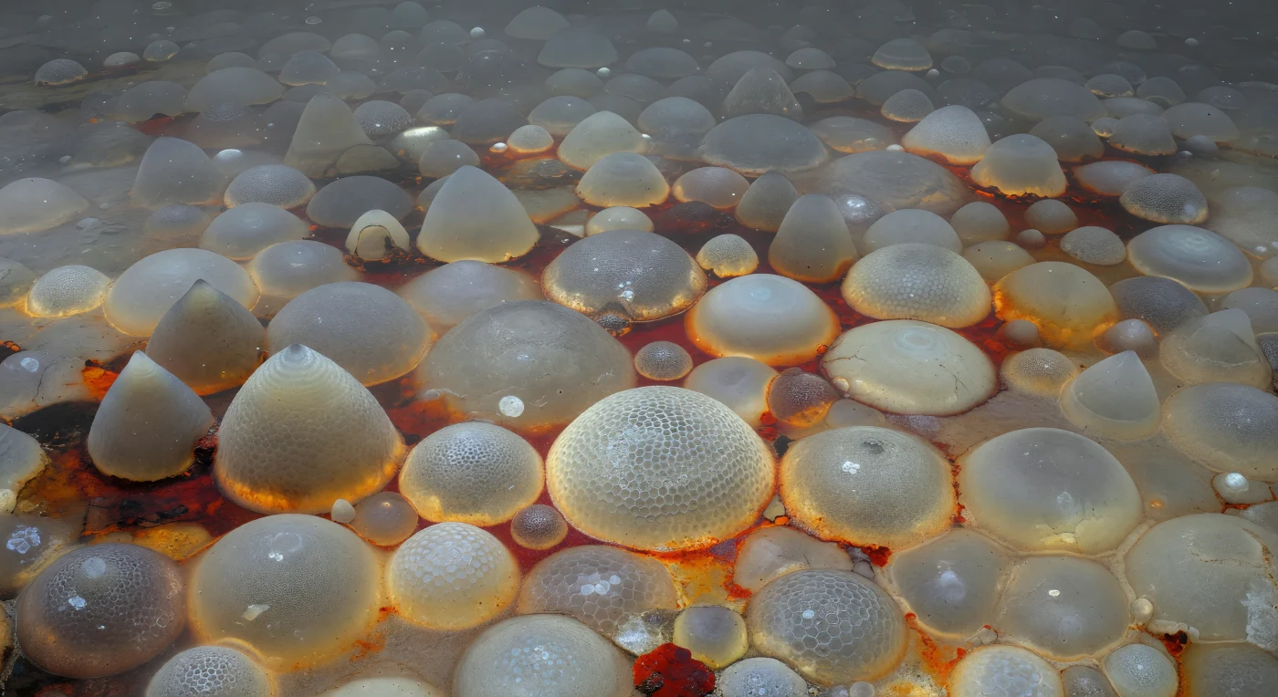 The field before you is an ancient seafloor rendered in stone — a dense, interlocking mosaic of recrystallized silica tests pressing against one another in every direction, their original spherical and conical geometries still legible as ghost-forms beneath 150 million years of burial and mineral replacement. These are the compressed remains of radiolarians, single-celled planktonic organisms whose intricate silica skeletons once drifted through a Jurassic ocean that has long since vanished, accumulating on the seafloor over millions of years before being entombed, pressurized, and transformed into radiolarite chert. Transmitted light floods upward through the section in a cold, diffuse wash, suffusing the pale chalcedony and microcrystalline quartz of each recrystallized test with a faint phosphorescent glow — ash-white and bone-cream forms welded seamlessly to their neighbors, the delicate pore lattices of living architecture now flattened into subtle surface relief by lithostatic pressure. Between the tests, hematite-stained cements bleed rust-orange and dried-blood crimson through the interstices, tracing the ghost geometry of pore spaces once filled with seawater, now mineralized into iron-veined amber gradients that pool and trail like rust-water through cracked stone. The world extends in all directions as an infinite compressed archive — denser and more opaque at center, dissolving toward the periphery into granular translucence — the entire visible field a planetary surface made of fossilized plankton, an ocean's biological productivity frozen into mineral silence.
