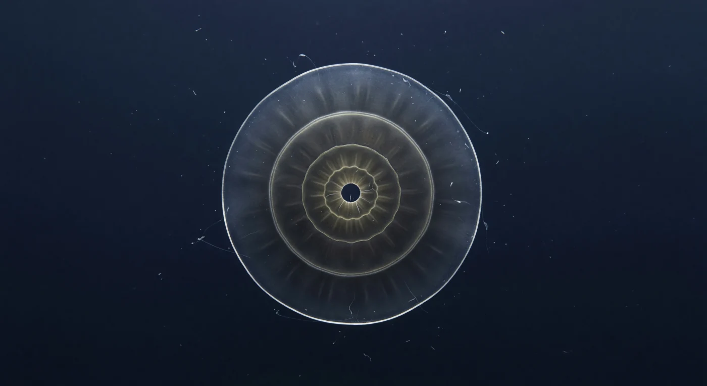 You float in near-absolute darkness at two hundred metres depth, suspended in water so cold it registers as physical pressure against every surface, the light above you reduced to a faint blue-grey luminescence that barely separates the vertical from the horizontal. Before you, resolving slowly from the indigo gloom, is a disc of frosted calcite roughly the apparent size of a dinner plate held at arm's length — Globorotalia menardii, oriented ventral face toward you, its tightly wound trochospiral architecture of overlapping chambers reading as gently lobed arcs pressed into smooth hyaline walls the colour of old bone, the boundaries between chambers marked by backward-curving depressed sutures that darken toward the central umbilical pit, itself a small circle of absolute black from which two or three hair-fine reticulopodial strands extend into the surrounding cold, barely visible except where the ambient blue catches their refractive edges. Around the entire equatorial rim of the compressed biconvex test runs the organism's defining structure: a continuous keel of calcite so thin and crystallographically pure it approaches transparency, projecting perpendicular to the disc like the blade of a tool, and where the sparse downwelling light strikes it at grazing incidence it ignites into a single unbroken ring of cold blue-silver radiance — the sharpest edge in an otherwise edgeless world. This keel is not ornament but engineering, a peripheral reinforcement that stiffens the test against hydrostatic pressure at depth and likely functions as a hydrodynamic stabiliser during the slow passive sinking and rising that carries these organisms through the water column across their entire life cycle, their calcite chemistry encoding, layer by layer, a record of the temperatures and carbon isotope ratios of waters that no instrument existed to measure when these animals were alive.