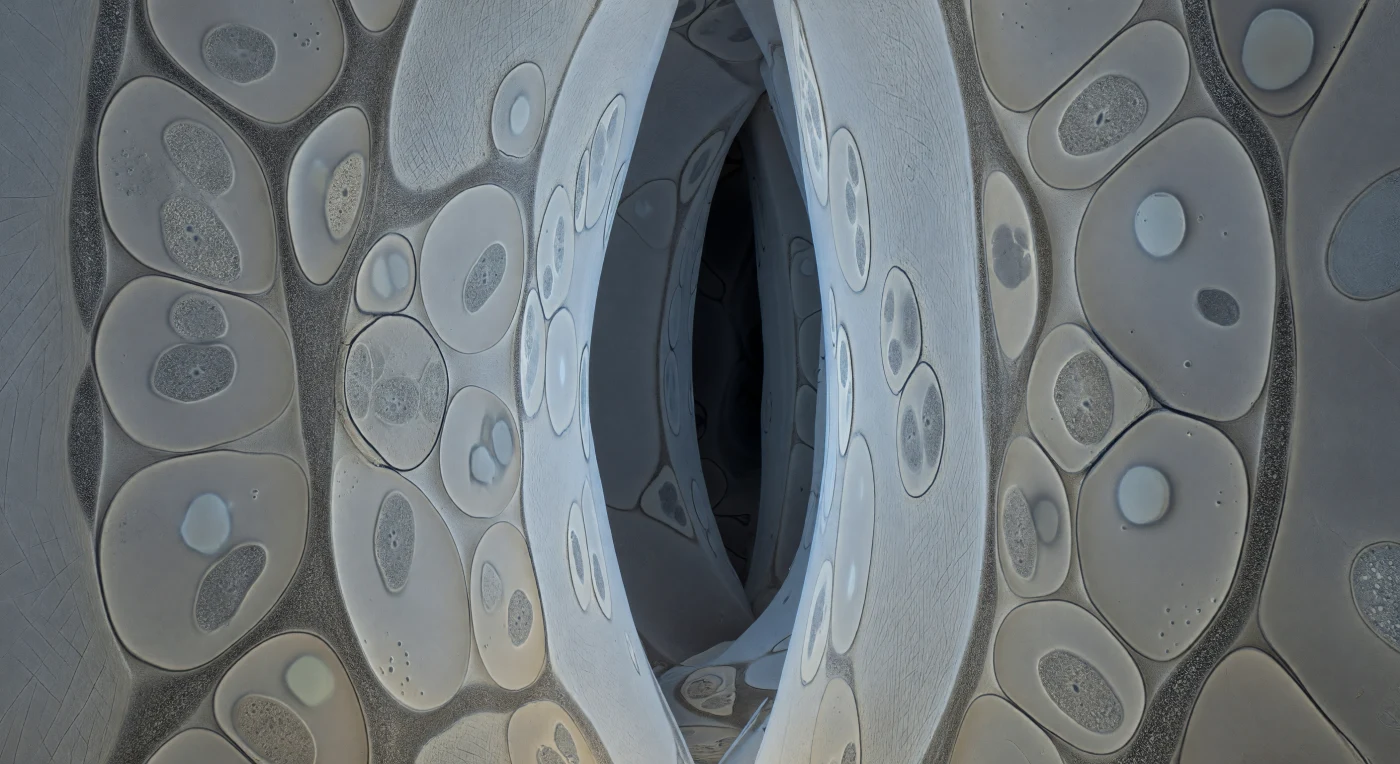 You are deep inside the root — not metaphorically but structurally, wedged into an intercellular corridor so compressed that the pale cream cellulose walls of adjacent epidermal cells press against you from every direction, their microfibril bundles running in crossed diagonals like the grain of ancient paper, cold and faintly translucent where metabolic chemistry leaks through the membranes behind them. The corridor is packed with fungal hyphae flattened into lens-shaped profiles by the same cellular pressure that shaped this passage, each one bounded by a razor-crisp graphite plasma membrane holding its curvature with palpable tension, enclosing dove-grey cytoplasm scattered with ovoid mitochondria and small lucent vacuoles that read as soft optical absences rather than resolved structures. Between every fungal wall and every root cell wall runs the interfacial matrix — a continuous 15–25 nm granular strip of slightly warmer mid-grey, heterogeneous in density, a glycoprotein meshwork secreted simultaneously from both sides, and it is here, in this near-invisible threshold, that phosphate ions leave fungal cytoplasm and photosynthetic sugars arrive from the plant, the entire metabolic contract of ectomycorrhizal symbiosis conducted across a boundary thinner than a ribosome is wide. Deeper corridors recede into flat planes of dark slate, losing fibrillar detail, the labyrinth extending beyond perception in every direction through lightless soil, navigated entirely by chemical gradient and membrane tension, without a photon to spare.