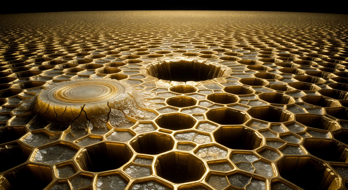You stand on what appears to be a vast planetary surface of burnished gold, stretching to every horizon with perfect sharpness — for here, in the vacuum world of the scanning electron microscope, there is no atmosphere to soften distance, no scattering of light, only the hard geometry of gold-sputter-coated calcite rendered in infinite depth of field. The surface belongs to the test wall of a foraminifera, and what reads as a landscape of cracked earth — anastomosing ridges forming irregular polygonal cells, each edge a blade of bright gold above a shadow-filled valley — is in fact the cancellate ultrastructure of a single-celled organism's mineralized skeleton, built from calcite crystals whose c-axes align perpendicular to the wall with a precision that rivals engineered materials. Dominating the middle ground, and repeating in a near-hexagonal lattice across the entire plain, circular pore craters punch through the surface at mathematically regular intervals — each roughly three micrometers across, rimmed with a smoothly raised collar that catches the electron beam as a bright gold arc before the inner wall curves away into absolute black, these pores being the transcellular conduits through which reticulopodia once streamed outward into the sea as a living, shifting net of pseudopods. To one side, a fractured spine base rises as a circular mound exposing its interior in cross-section, concentric growth rings preserved in the calcite like mineral tree rings, each annular layer a slightly different tone of gold against the cooler, granular texture of the uncoated interior — a frozen record of the cell's own biomineralization sequence, now silent and perfect in the sourceless amber glow of a world reduced to geometry and shadow.