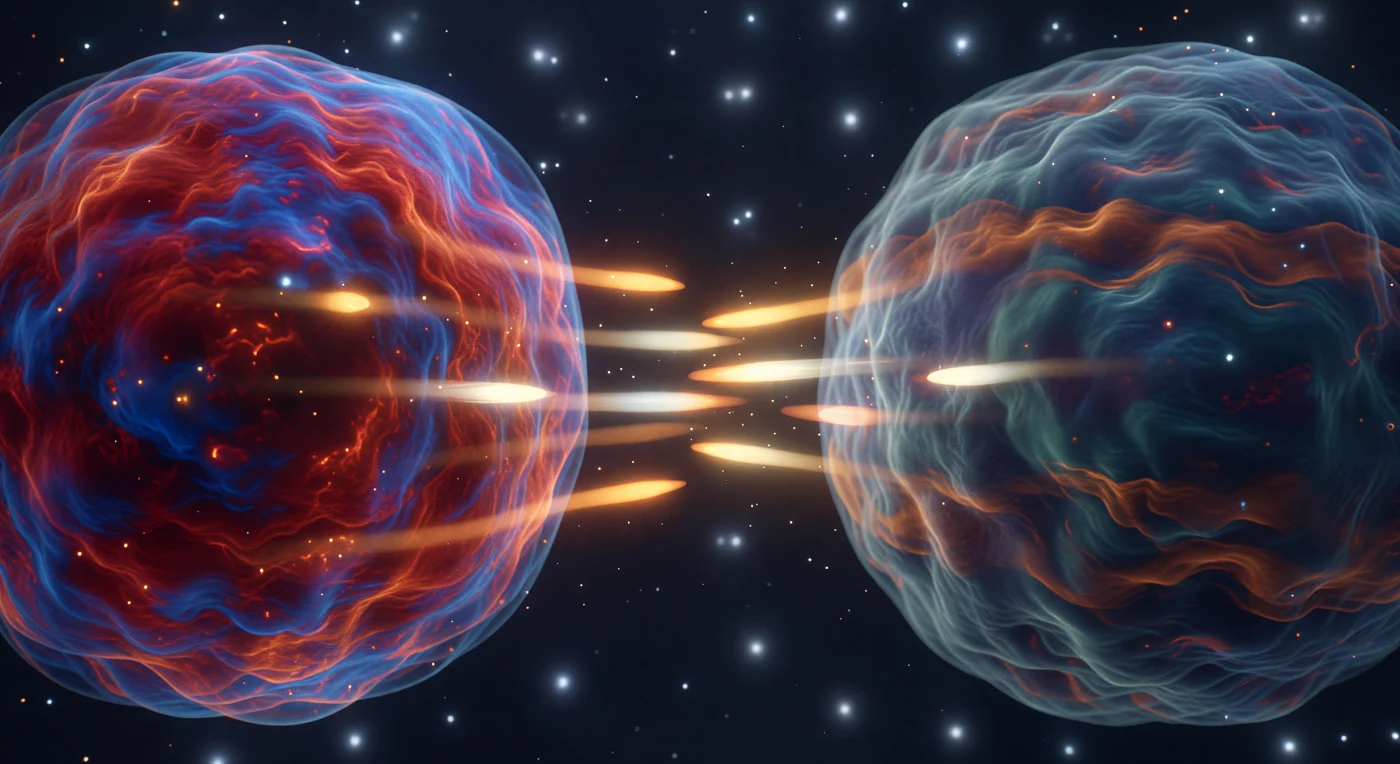 Two colossal nucleon bodies fill the view on either side, the proton and neutron of a deuteron, each wrapped in a semi-translucent skin through which red, blue, teal, and indigo QCD activity glows like a buried storm. Between them, the narrow gap is alive with warm amber-white pulses that slide from surface to surface as virtual pion exchange, the residual strong-force carrier that continually binds the pair and keeps them from drifting apart. Their outer probability clouds taper away exponentially into the separation, while the surrounding quantum vacuum remains a dark, restless medium speckled with faint blue-white fluctuations that appear and vanish without pattern. The whole scene feels less like empty space than a tightly held field of forces, where structure is defined by confinement, exchange, and the ceaseless trembling of subnuclear matter.