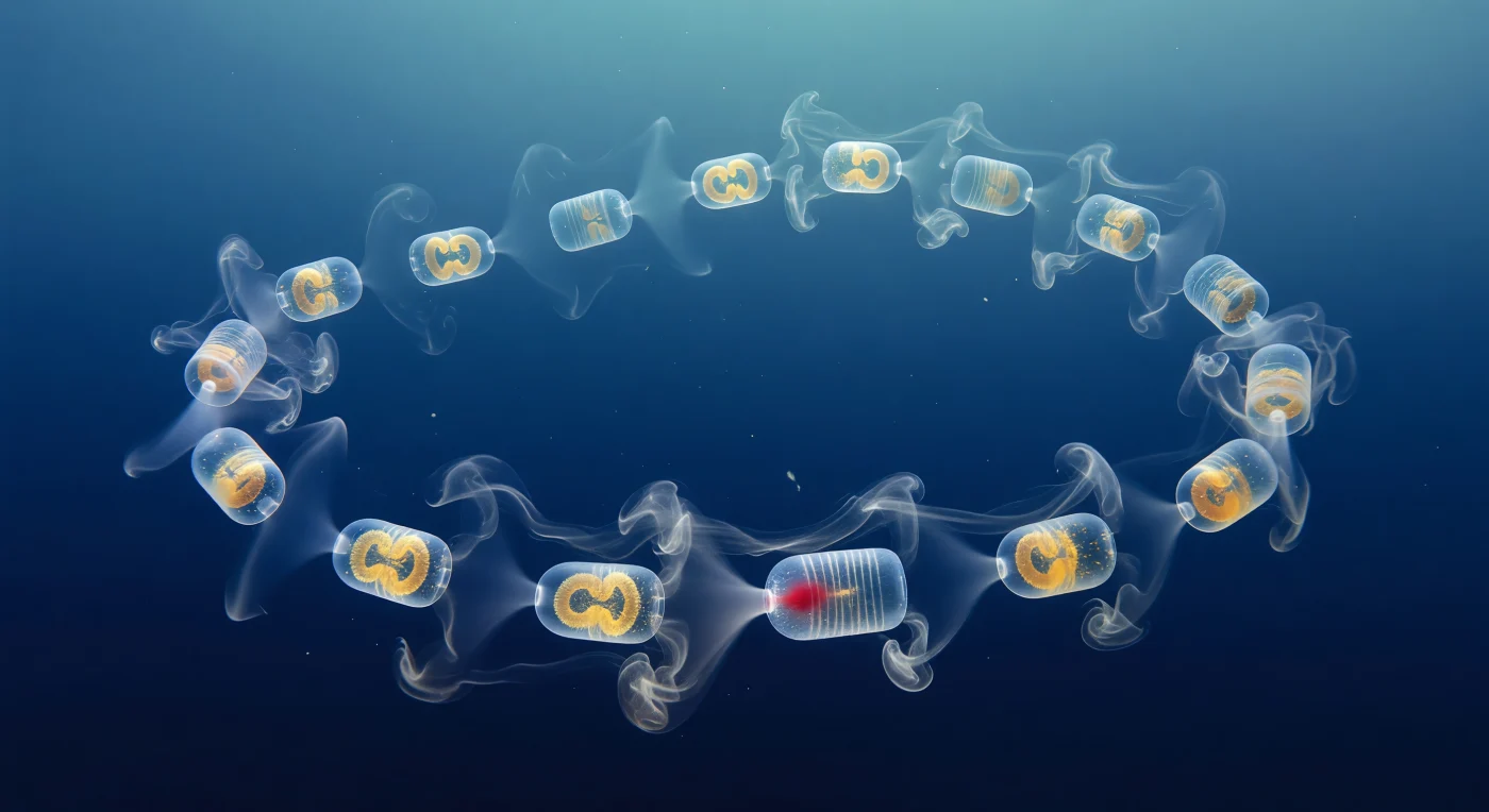 You hover face-to-face with a wheel-chain of *Cyclosalpa affinis* whose amber-lit barrels string across the cobalt water column like lanterns of living glass, each cylindrical zooid roughly finger-joint length and so nearly refractive-index-matched to seawater that they betray themselves only by a prismatic hairline where curved tunic wall bends deep light. The Schlieren optical setup transforms the surrounding water into a visible medium: from every atrial siphon a continuous exhaust plume billows rearward as silver-white smoke — thermal-breath wisps of very slightly warmer, particle-depleted water whose minuscule density difference is enough to bend light and reveal the otherwise invisible jet propulsion that drives each zooid and, collectively, the whole chain through the water column. Where neighboring plumes converge two body-lengths downstream they braid into a compound turbulent wake of overlapping refractive threads, while at the upstream oral siphons the optics resolve a subtler signature: shallow concave shadow-dimples marking inflow convergence zones where ocean water accelerates into the feeding barrel to be strained through a pharyngeal mucus net fine enough to capture bacteria smaller than two micrometers. The chain itself curves in a loose helix across the frame, near zooids crystalline and amber-cored, far zooids dissolving into translucent blue ghosts, the whole architecture a living filtration colony simultaneously mapping its own fluid dynamics in silver smoke against the silent indigo gradient of the open sea.