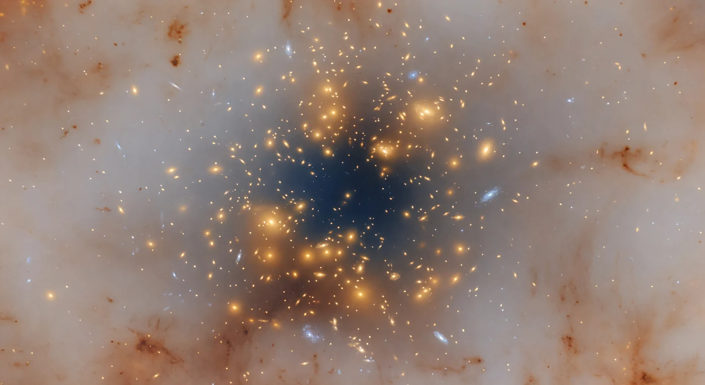 The eye is drawn first to the cluster's warmth — hundreds of elliptical galaxies drifting in amber and honeyed gold, their halos bleeding together into a diffuse intracluster glow, while lensed arcs of blue background objects trace the invisible architecture of dark matter curving space at the periphery. Yet this visible splendor is secondary to what it erases: directly behind the cluster, pressed into the ancient cream-and-russet tapestry of the cosmic microwave background, a circular void of deep blue-black silence marks where the cluster's intracluster medium — a fully ionized plasma reaching one hundred million degrees — has intercepted CMB photons traveling since the universe was a mere 380,000 years old and boosted them to higher frequencies through inverse-Compton scattering, draining microwave energy from that precise footprint in a process known as the thermal Sunyaev-Zel'dovich effect. The shadow grades smoothly from near-absolute midnight at the cluster's core, where plasma density peaks, outward through slates and indigos before the primordial glow reasserts its russet warmth just beyond the cluster's gravitational reach. What makes the perception vertiginous is the simultaneous coexistence of two realities sharing the same line of sight without acknowledgment: golden optical warmth in the foreground, cold spectral absence in the microwave background behind it — the universe annotating its own deepest layer with an imprint of invisible heat, a negative silhouette of billion-degree gas pressed permanently into the oldest light that exists.