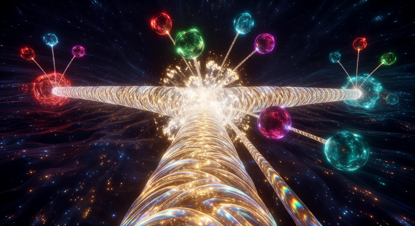 You are suspended inside a blazing corridor of white-gold field energy, with a red quark node receding at one end and a cyan node anchoring the other, both bound by a taut gluon flux tube that keeps its width while stretching under relentless confinement. At the center, the tube snaps in a blinding burst, and from that rupture emerge a green and a magenta quark-antiquark pair, each already pulling fresh strands of field behind them as the original string re-forms into new links. The scene reads like a luminous branching tree made of pure strong force: every stub elongates, strains, and tears again, turning a single break into a cascading hadron spray of meson and baryon fragments. Around the structure, the vacuum is not empty but alive with faint, flickering pair creation, giving the whole event the feel of standing at the heart of an unimaginable, femtometer-sized storm where color charge becomes visible as light.