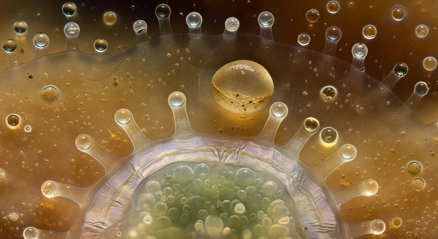 The posterior third of a *Macrodasys* gastrotrich fills the foreground under oblique DIC illumination, its nearly transparent cuticle shimmering with faint iridescent banding — lilac and pale gold — while greenish-gold gut contents glow through the body wall with the luminosity of sea glass held to light. Twelve paired adhesive tubes press fingertip-like against a tawny biofilm floor rich in ochre and burnished rust tones, each tube tip carrying a glistening bioadhesive droplet that functions as a miniature convex lens, warm amber at its base where it meets the extracellular polymer matrix and cold silver at its domed crown where it catches the oblique beam. Where each tube has pressed and released, the EPS is subtly disrupted into pale halos and faint radial creases — a footprint record of a slow, deliberate crossing of a single grain surface, the entire traverse perhaps a few body lengths. Eighty micrometers back in the depth of field, a second quartz grain hangs in soft amber focus, its own biofilm coat a thinner gold veneer interrupted by darker mineral inclusions, while the interstitial water filling the pore throat between the two surfaces announces itself only through a barely perceptible increase in luminous clarity and the perfect, uncollapsed dome geometry of each adhesive droplet — surface tension here a structural force as reliable as any wall.