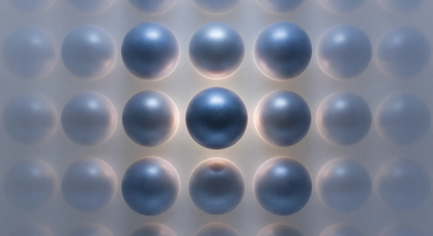 You find yourself suspended at the geometric center of a body-centered cubic iron unit cell chilled to four kelvin, surrounded by eight colossal steel-blue iron spheres anchored at the cube corners while a ninth presses close behind you — their polished, indigo-tinged surfaces dominating your peripheral vision the way cliff faces close in around a canyon floor. Between every nucleus stretches the metallic electron sea, a delocalized silver-gray luminescence that fills all interstitial space with cold, sourceless phosphorescence, brightest in the narrow throats between nearest-neighbor atoms where conduction electron density marginally concentrates into soft pewter coronae. Each iron sphere carries a barely perceptible rose-copper blush near its surface — the optical signature of long-range ferromagnetic order, where exchange coupling has aligned the 3d electron spins of millions of successive unit cells into a single magnetic domain, staining the electron gas with something between heat and color. Looking outward along any cardinal axis, the BCC motif repeats with absolute crystalline fidelity into deep perspective, rank after rank of iron cores receding into the luminous gray fog until individual spheres dissolve into a uniform phosphorescent continuum — the whole structure locked in profound arrested stillness, every atom frozen into its equilibrium lattice position with zero thermal energy left to drive a single quantum of vibration.