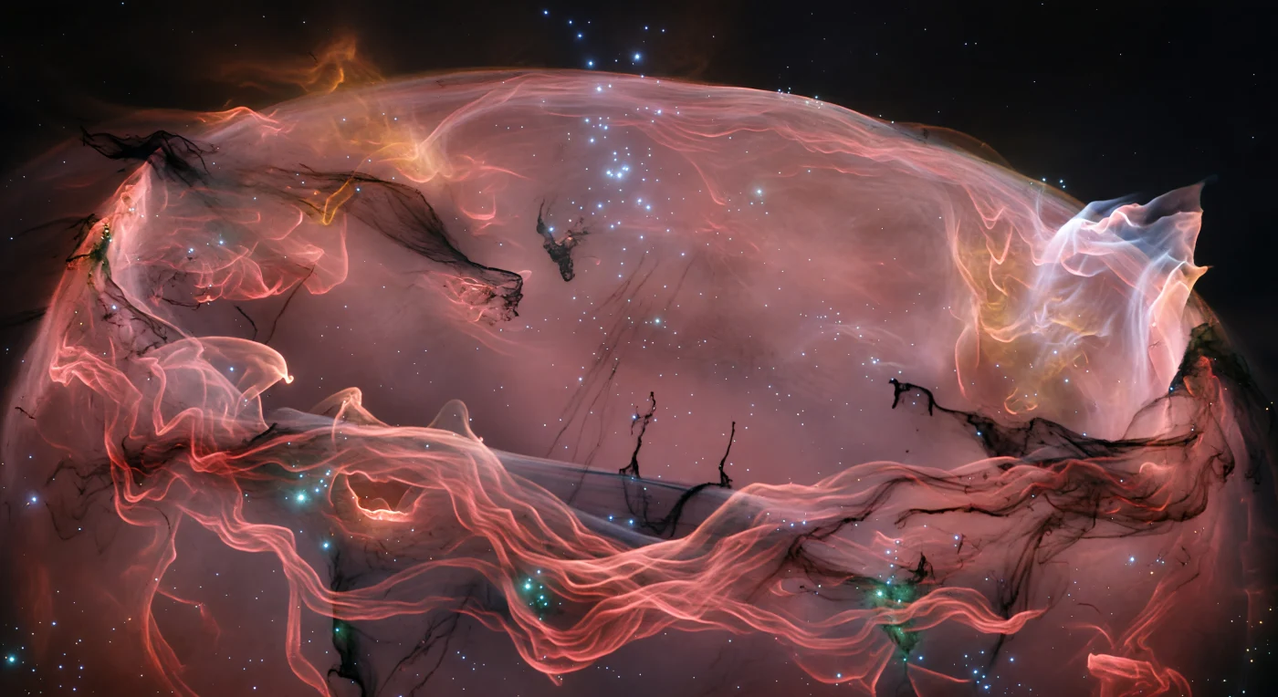 You are standing at the center of a wound that light has not yet finished escaping — a 500-light-year cavity whose walls stretch across every direction like the shattered interior of a cathedral built from plasma, shaped over millions of years by the overlapping deaths of massive stars. The shell before you is not a surface but a ruin: braided filaments of crimson Hα emission lace through collapsed arches and torn membranes, interrupted by cold molecular streamers pushing inward like dark fingers against the luminous curtain, their sunward edges hazing amber where ultraviolet is slowly eating them alive, while hard cyan-green knots of forbidden oxygen emission mark the shock fronts where the blast wave still churns the densest compressions. Dozens of blue-white OB stars drift through the tenuous interior — one particle per cubic centimeter of ionized hydrogen sustaining its faint rose translucence over hundreds of light-years of accumulated depth — their collective ultraviolet output the only reason this cavity glows at all rather than collapsing back into cold dark. At the right edge of everything, the shell is simply gone: a ragged chimney where the superbubble has ruptured entirely, gas streaming upward in luminous sheets of hot white and pale violet into an absolute extragalactic darkness that carries no structure, no warmth, no return — the last membrane between the ignited interior and the void, failed at exactly one point, and through that point, the light pours out forever.