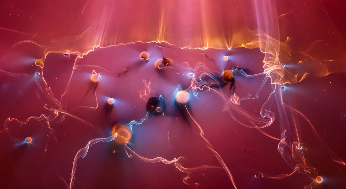 You are suspended inside a volume of gas so rarefied it contains fewer particles per cubic centimeter than the best vacuum chambers on Earth, yet every direction glows with a deep arterial red — the light of hydrogen atoms catching free electrons, recombining millions of times per second across distances measured in fractions of a light-year. Directly ahead, the ionization front rises as a luminous boundary where the physics of the universe changes abruptly: on your side, plasma heated to ten thousand kelvin by the invisible ultraviolet torrent of an O3 star blazing off-frame at perhaps a hundred times the Sun's surface temperature; on the far side, molecular gas so cold it hovers near ten kelvin, its amber-orange photodissociation face bleeding warm fire through the ragged curtain. Dense neutral clumps resist the advancing ionization, their leading edges ablating into thin halos of sulfur crimson and forbidden-line turquoise while casting hard shadow cones back through the translucent Hα fog, crosshatching the entire space with diverging darkness whose penumbrae glow faintly wherever even marginal ultraviolet finds purchase. The front itself is fractally torn — protrusions and re-entrant bays sculpted not by wind in any terrestrial sense but by the differential pressure of radiation, a process unfolding across tens of thousands of years yet frozen here into a single blazing instant of impossible clarity.