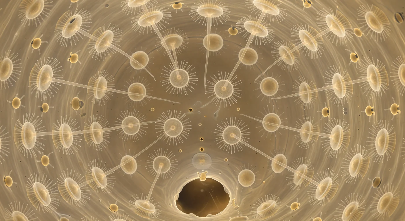 You are suspended at the heart of a living sphere, looking outward through a space barely forty microns across, its entire curved surface tiled without a single gap by choanocytes — translucent, dome-shaped cells each crowned with a crystalline collar of upright microvilli and a single inward-reaching flagellum that catches the diffuse amber light and bends it into faint prismatic tremors. All twenty-five flagella beat in coordinated offset phase, transforming the chamber interior into a continuously rippling luminescence that is neither mechanical nor chaotic but deeply, unmistakably biological — a collective hydrodynamic act in which each cell contributes to a laminar current that converges on the wide apopyle pore gaping directly ahead like an open archway into the canal system beyond. Two prosopyle inlet pores punctuate the wall at oblique angles, each only a few microns across, admitting thin threads of particle-laden seawater carrying ghost-shapes of bacteria destined to be captured against the collar mesh and drawn by endocytosis into the choanocyte body — a filtration strategy so effective that sponges cycle a volume of water twenty thousand times their own body mass each day. Beyond the cell layer, visible through the translucent tissue as an amber-gold fibrous lattice, amoeboid archaeocytes extend pseudopodial arms and drift through the mesohyl scaffold, redistributing digested nutrients and remodeling the extracellular matrix in slow, molten-glass motion. The entire chamber is a working demonstration of the morphological blueprint that unites sponges and their choanoflagellate relatives — the collar-and-flagellum unit whose ancient evolutionary origin sits at the deepest root of animal life itself.