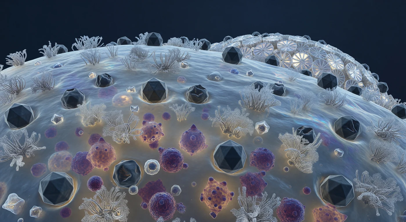 The viewer hangs motionless above a gently curving biological horizon, close enough that the coccolithophore's outer membrane resolves into a trembling, semi-translucent skin — a landscape of glycoprotein clusters rising like coral formations from a blue-gray surface shimmering with thin-film interference where lipid raft domains concentrate. Pressed into this terrain at dozens of sites, dark icosahedral capsids of *Emiliania huxleyi* virus sit in various states of predatory engagement: some geometrically pristine, their twenty facets catching cold diffuse light along sharp ridges, others visibly collapsed inward — capsid shells crumpled like punctured geodesic domes after successful genome injection, the membrane dimpled beneath each one in a shallow hollow of biological surrender. Through the translucent membrane wall, the cytoplasm glows like fogged amber glass, crowded with dense irregular masses of deep purple and magenta — viral progeny assembling by the hundreds on nucleoprotein scaffolds in a factory-scale replication event that presses outward against the cell wall from below, bulging the membrane like overfilled sacking. Along the cell's sweeping curvature toward the distant coccosphere horizon, interlocking calcite coccolith plates rise as white ceramic buttresses, their spoke-and-rim geometry scattering what little deep-water light reaches them into brief prismatic flashes — a world of extraordinary crystalline precision and molecular beauty quietly unraveling, every contested surface a boundary between the cell's remaining chemistry and the viral program steadily overwriting it.