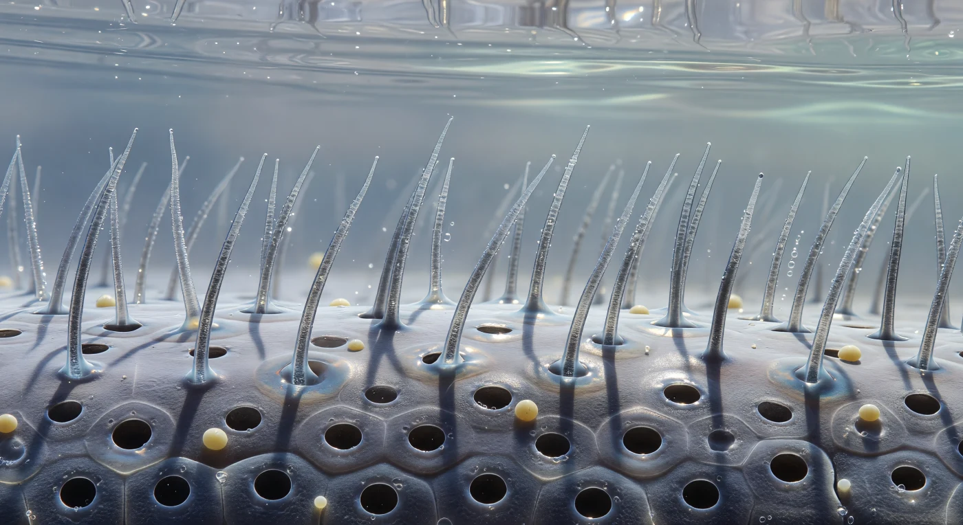 You stand within a colonnade without end — silver-gray shafts rising all around you to heights that dwarf your own, their tapered crowns glazed in a blue-silver mucus film that catches the low, raking light like hoarfrost on winter grass, while several nearest shafts are caught mid-beat, their upper thirds angled sharply in the same oblique direction and trailing faint smears of arrested motion at their tips. Beneath your feet, the epithelial floor rolls gently in polygonal plateaus separated by low cellular ridges, the surface studded at irregular intervals by dark, perfectly circular gland-cell pores that drop away like volcanic calderas into pitch-black interiors rimmed with a wet overflow of freshly secreted mucus. This is the ventral surface of a living planarian, and the ciliary array that drives the animal's gliding locomotion — each shaft a precisely structured axonemal engine beating at dozens of cycles per second — surrounds you as an effectively infinite forest whose individual members you can reach out and touch. The mucus film pooled in lenses between the cell ridges refracts the background aquatic light into pale prismatic halos of blue and amber, and the distant cilia dissolve into a silver-gray atmospheric haze at what feels like a continental horizon but amounts to a distance no greater than the width of two human hairs. Above, the underside of the water-mucus interface trembles as ciliary wave fronts propagate outward in coordinated metachronal rhythm, a living ceiling rippling with slow caustic light that filters down in shifting ribbons of pale aquamarine through a medium that is simultaneously the animal's lubricant, its adhesive, and its interface with the world.