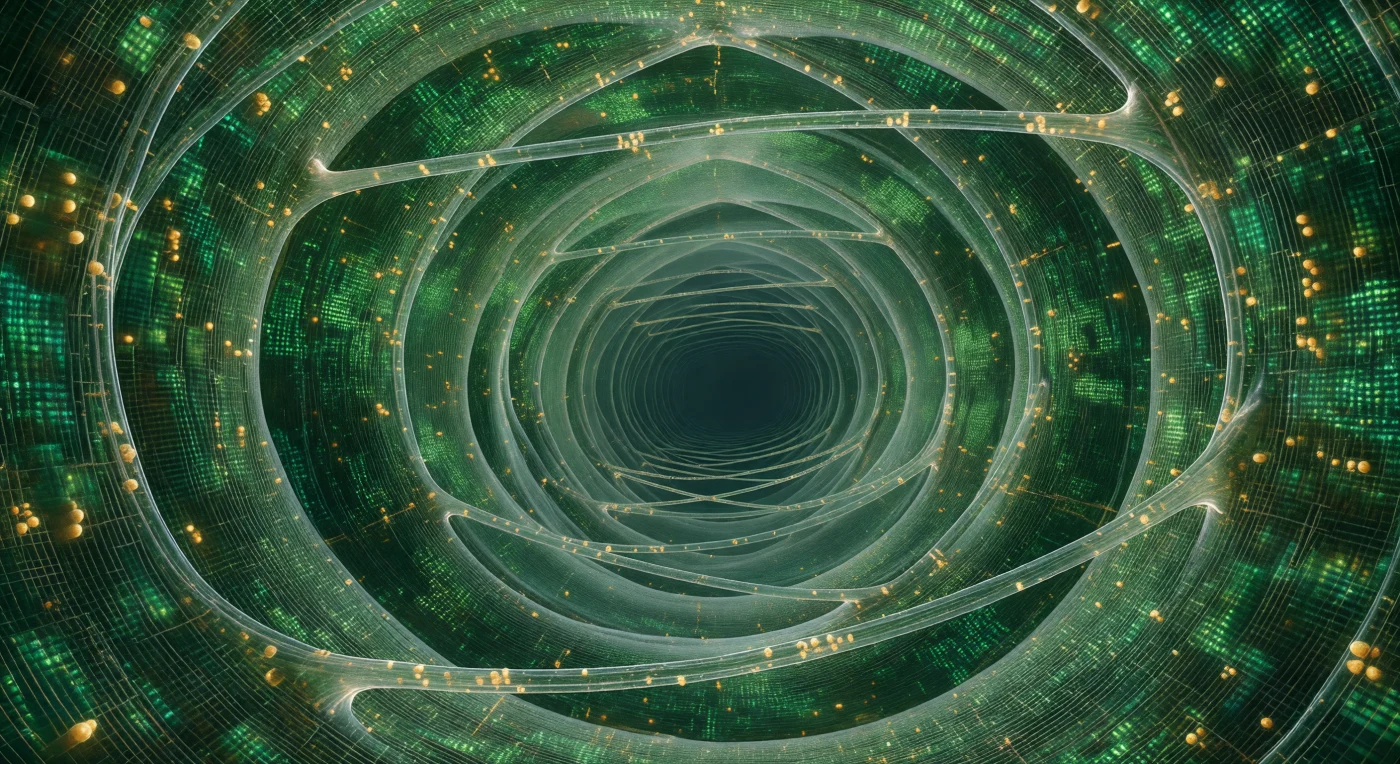 You are standing inside a single living cell, though nothing about the space suggests smallness — the hollow corridor of a *Caulerpa* stolon lumen stretches away before you like the nave of a Gothic cathedral, its curved walls radiant with the packed emerald and viridian luminescence of thousands of chloroplasts glowing in diffuse transmitted light, the cellulose matrix between them catching the green as a faint silver-gold textile weave pressed against translucent glass. This is a coenocytic organism: the entire *Caulerpa* plant — holdfast, stolon, upright fronds — constitutes a single continuous cell, its cytoplasm undivided by any internal wall, held open and pressurized by the vacuolar fluid that now fills the dark bottle-green space around you. The trabeculae crossing the lumen are cytoplasmic strands, tensile structures of condensed ectoplasm that brace the cell wall against collapse under its own turgor, and they recede in ranked perspective — nearest ones thick and ivory-warm, catching the chloroplast glow, the furthest reduced to cold hairline threads fading into luminous obscurity — their pointed junctions with the curved wall forming arches no architect designed. Along these strands and drifting free through the vacuolar fluid move clusters of amber granules, organelles and starch bodies carried by cytoplasmic streaming at speeds too slow to register except as the faintest suggestion of current, golden motes suspended in a cathedral that has lit and held itself open, without a single wall between its rooms, for the entire duration of its life.