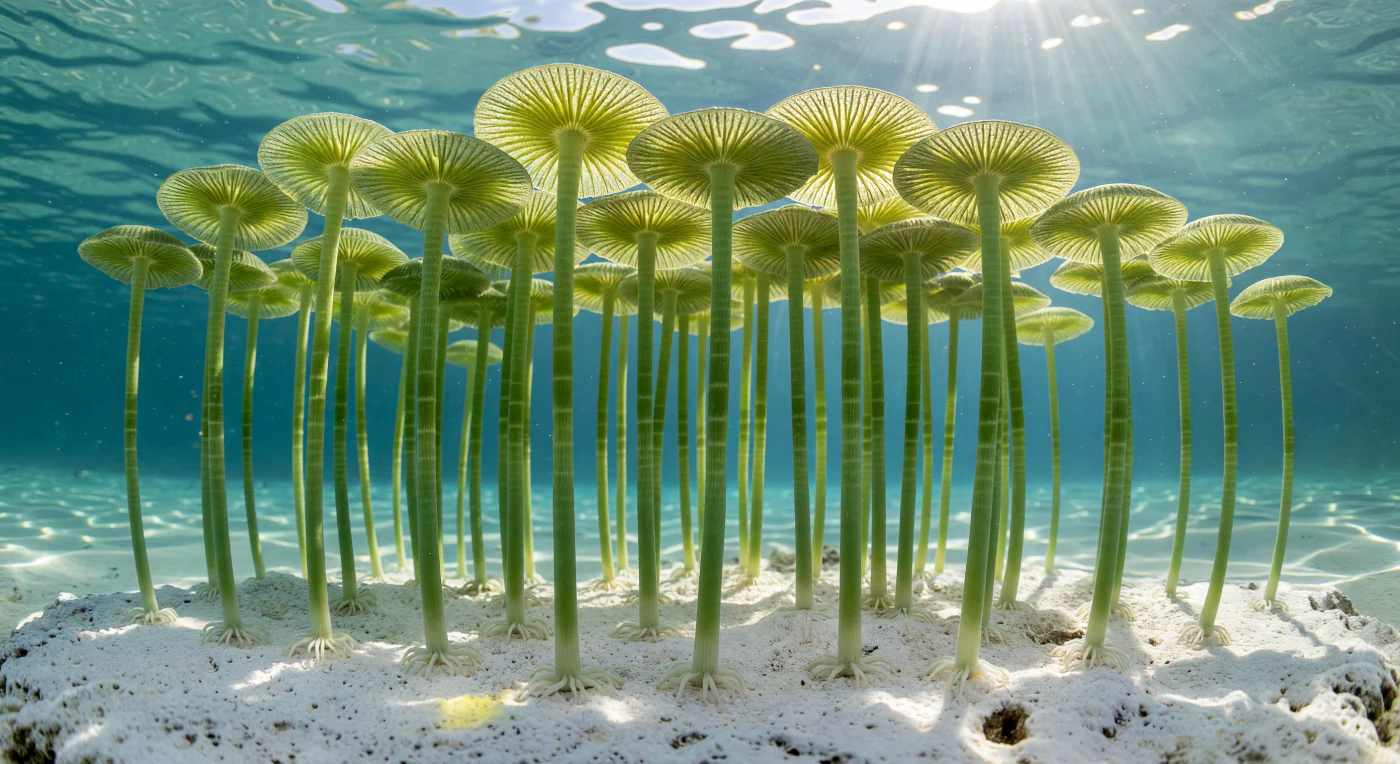 Looking straight up from the seafloor, you see a forest of slender jade columns rising from bleached white limestone, each one a single living cell no taller than your finger, crowned by a luminous disc that glows chartreuse and straw-yellow as Mediterranean morning light passes clean through its radial segments like sunlight through a rose window. These are *Acetabularia acetabulum*, among the largest single cells on Earth — each entire stalk, holdfast, and umbrella cap a solitary nucleus commanding centimetres of organised living architecture, the chloroplasts massed along the sun-facing flank in a slow migration invisible except as a barely perceptible deepening of green. The caps are gametangial structures, their precise wedge-shaped rays packed with nuclei awaiting the signal to release gametes, the whole disc a reproductive organ built and governed by one enormous nucleus tucked far below in the rhizoid, anchored in pale crystalline rock by finger-thin holdfasts a few millimetres wide. Above the colony, shafts of caustic light ripple through a turquoise water column alive with suspended particles, the ocean surface glittering overhead like hammered silver, while between the stalks cool shadow is cut by transmitted slivers of warm green wherever overlapping caps pool their glow into something almost golden. The scene reads as cathedral and tide pool simultaneously — an architecture of breathtaking geometric precision assembled, without division of labour, by a single cell.