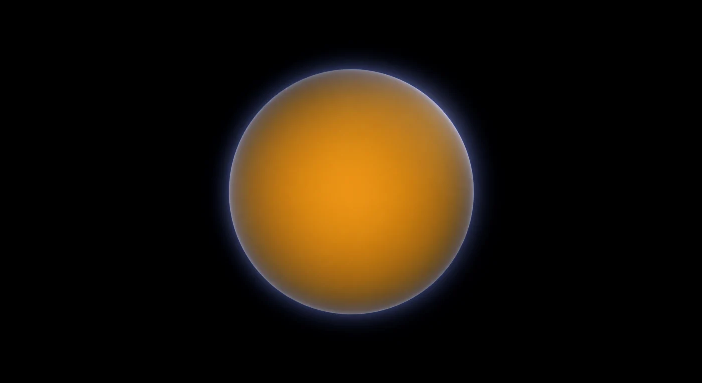 From this vantage point, suspended twenty femtometers from the surface, the lead-208 nucleus fills the visual field as an amber-gold sphere of almost architectural stillness, its interior saturated with the compressed luminosity of binding energy and color-charge fields rendered visible — a warmth like sunlight trapped in deep resin, glowing from within because at this scale there is no external illumination, no photon small enough to carry news from outside. The surface resolves the Woods-Saxon nuclear density profile: not a hard boundary but a steep, precise gradient where saturated interior amber dissolves into vacuum over a single femtometer, the sharpest material interface imaginable yet still irreducibly a gradient, the nuclear density falling from its plateau value of roughly 2.3 × 10¹⁷ kilograms per cubic meter to nothing in a distance shorter than the diameter of a proton. Encircling this core is the feature that arrests sustained attention — a thin blue-violet corona, cooler and more diffuse than the amber interior, the collective probability density of the neutron excess that congregates just beyond the proton-rich bulk, a ghost-shell half a femtometer proud of the main surface, marking this nucleus as something with more neutrons than any symmetric count would require. What is most extraordinary is the absence of dynamics: the doubly magic shell closures at both proton number 82 and neutron number 126 have exhausted every available surface mode, and the result is a stillness so complete it reads not as inertia but as resolution — a system that has descended to its lowest energy and settled there with total commitment, spherical and luminous and motionless against a vacuum so absolute it carries physical weight.