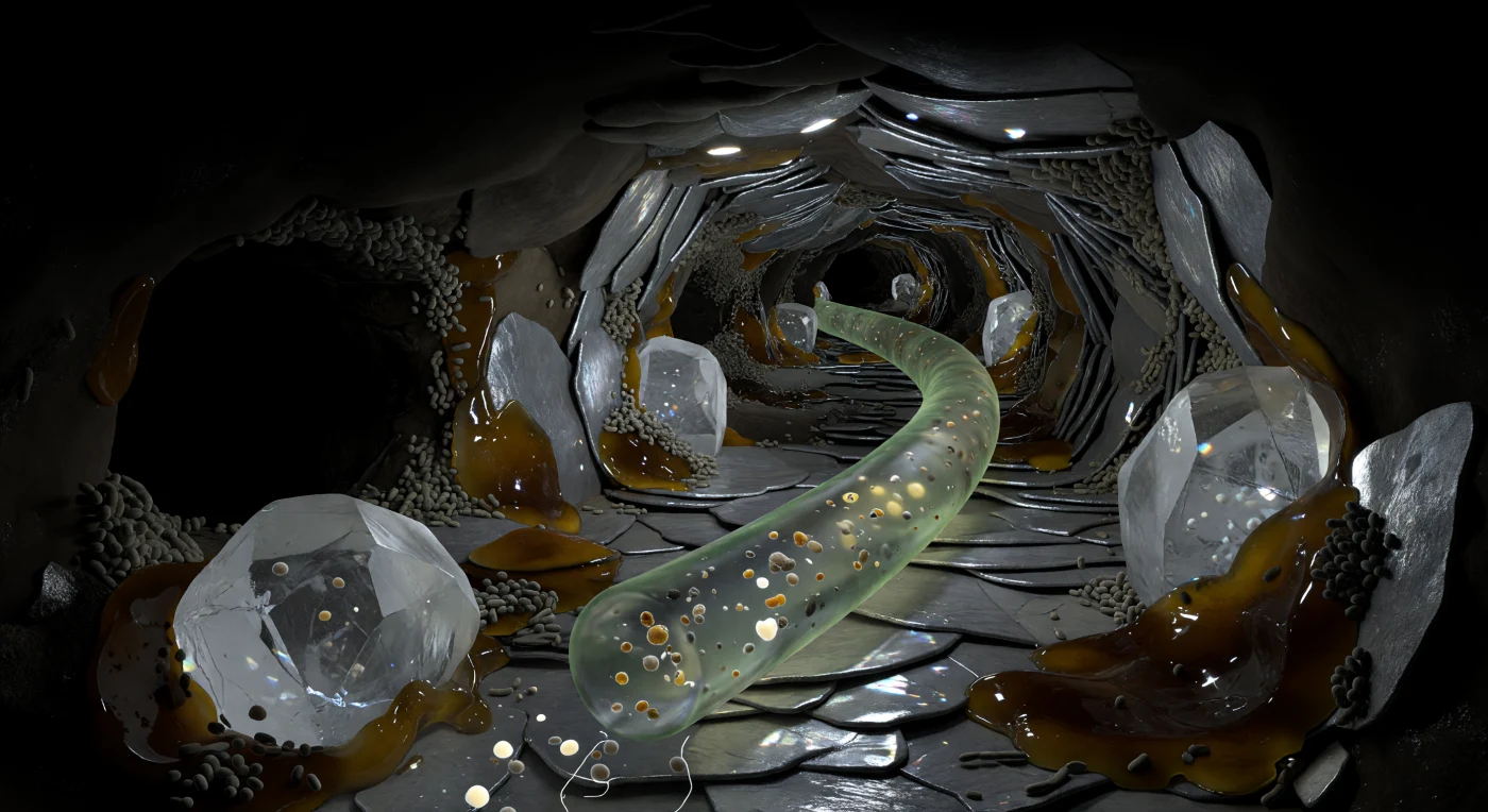 You press forward through a winding corridor of ancient mineral architecture, its irregular walls built from stacked silver-grey smectite platelets whose razor-thin edges catch some sourceless diffracted glow and throw faint pewter and lilac iridescence across the pore ceiling, while massive translucent quartz boulders — each a looming crystalline monolith relative to your body — refract that dim luminescence into prismatic flecks across the floor below you, every surface draped in pooling amber-ochre organic films that resemble cooled resin, glossy and rippled where successive water menisci have dried and retreated. Dominating the center of the corridor ahead, curving gently away into the middle distance, is the hypha: a smooth glassy cylinder occupying roughly a quarter of the passageway, its nearly transparent wall carrying a faint green-refractive sheen through which you can just discern the slow interior drift of cream-white lipid globules and amber-grey granules suspended in faintly luminous cytoplasm, the whole structure immaculate and taut against the rough mineral chaos surrounding it, its outer surface bridged to adjacent clay platelets by curved water menisci that arc and concentrate what little light exists into bright liquid threads. Along the pore walls, tucked into sheltered angles between clay stacks and half-buried in biofilm patches, colonies of bacterial rods cluster in loosely ordered mats — each individual barely one-fifth your own diameter, their grey-beige forms pressing against the mineral substrate like a low fog of tiny boulders — while three branching side-tunnels open from the far wall and floor, their entrances framed by jutting clay platelets and dark organic crusts, their interiors receding into absolute lightless black, the kind of darkness that exists only where photons have never reached and all navigation is chemical, all sensation dissolved in the faint electrical hum of living soil.