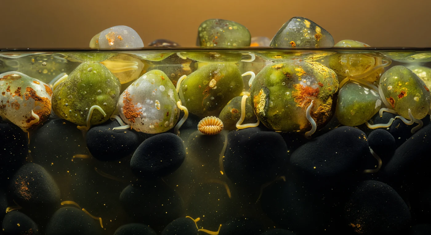 You hover at the edge of a chemical precipice, suspended in crystalline pore water between two irreconcilable worlds, looking down a cliff-face of sand grains that descends within a few hundred microns from teeming amber-lit life into jet-black mineral silence. Behind you, quartz grains the size of office towers carry their golden-green biofilm lacquer — living enamel built from diatoms, bacteria, and extracellular polymer — while nematodes the length of city blocks sinuate through water so oxygen-rich it almost glows; ahead and below, those same grains are coated entirely in iron monosulfide, FeS, a precipitate that absorbs all available light and renders every surface the color of wet coal, the product of sulfate-reducing bacteria exhaling hydrogen sulfide upward through the pore network in a continuous chemical scream. The transition zone between them — a mere two-millimeter band — represents one of the steepest redox gradients on Earth, a compressed geological drama where dissolved oxygen drops to zero, iron and manganese cycle through transitional valences, and biofilms bleach from living gold-green to ashen grey as anaerobic chemistry dismantles the architecture of the upper world. At the exact lip of the black layer, a single loricifera rests curled within its rigid cuticular lorica, overlapping plates sculpted like a miniature armored seed pod, its introvert retracted inward — a member of a phylum unknown to science until 1983, existing here at the boundary between oxygen and oblivion, the last macroscopic life visible before the sulfurous dark below swallows everything.