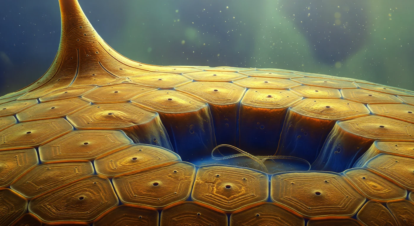 You are suspended alongside a structure that has ceased to be microscopic — it has become geological. The armored flank of *Ceratium tripos* stretches across your entire visible world, its thecal plates glowing amber and burnt sienna as transmitted blue-green light filters upward through living cellulose, turning each polygonal panel into a luminous tile of warm organic gold. These are not simple surfaces: each plate is a flattened mesa of layered cellulosic material, its edges defined by raised suture ridges — geometrically precise fault scarps where neighboring plates meet at angles that would not look out of place in a satellite image of tectonic terrain — and across each mesa face, parallel micro-ridges run in orderly striations interrupted by perfectly circular pores, each one a dark well descending through the theca's laminated wall like a drainage shaft bored through sedimentary rock. Cutting across the mid-frame, the equatorial cingulum opens as a canyon of cobalt-indigo shadow, its steep walls exposing the plate material in cross-section as faint concentric banding, and deep within the trench the transverse flagellum lies coiled in near-darkness, a thread of pale iridescence catching scattered light — the mechanism of the organism's spiral locomotion resting in its groove, invisible to any world beyond this one. At the left edge of frame, the apical horn rises and curves away out of sight, a tapered spire of the same amber armor sweeping a long shadow back across the near plates, while behind it the open water column dissolves into featureless blue-green translucency, the background of a world where every surface is alive and every wall is a carefully assembled architecture of organic chemistry.