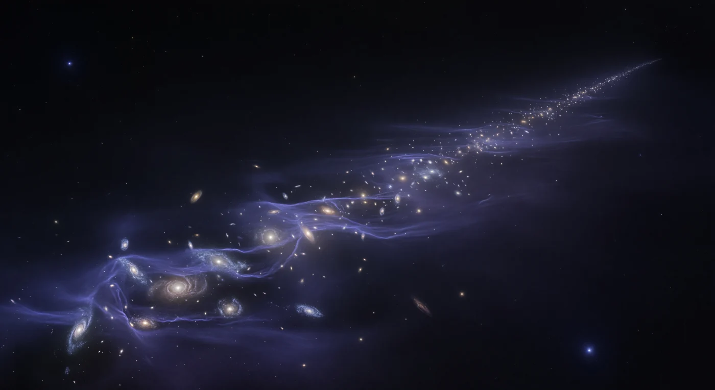 You are suspended along the luminous spine of a cosmic filament, and stretching pole-to-pole across every degree of sky, an unbroken river of galaxies pours from horizon to horizon — blue-white spiral disks tilted at oblique angles, their star-forming arms trailing faint wisps, and warm gold lenticular ellipticals glowing like banked embers, their halos dissolving softly into the surrounding dark. With distance, these island universes compress through sheer perspective into a single continuous thread of amber and silver light, thinning to an impossibly fine seam at the vanishing point, where the light reaching you left its source when the universe was measurably younger than the space immediately around you. Between each galaxy, the warm-hot intergalactic medium — the WHIM, a plasma of ionized hydrogen at temperatures between one hundred thousand and ten million kelvin — suffuses the filament corridor with a ghostly ultraviolet-violet luminescence, too tenuous to obscure yet present enough to scatter the collective ultraviolet output of a trillion stellar nurseries into a spectral, opalescent haze of faint braids and sheets. Off the filament axis in every lateral direction, the universe drops away into the oceanic blackness of the great voids, so volumetrically dominant that the entire luminous structure you inhabit feels like a single illuminated thread suspended inside a cathedral whose walls have long since passed beyond sight — and here and there at the extreme periphery, solitary blue dwarf galaxies drift in the dark like bioluminescent creatures in a deep ocean, achingly pure against the silence.